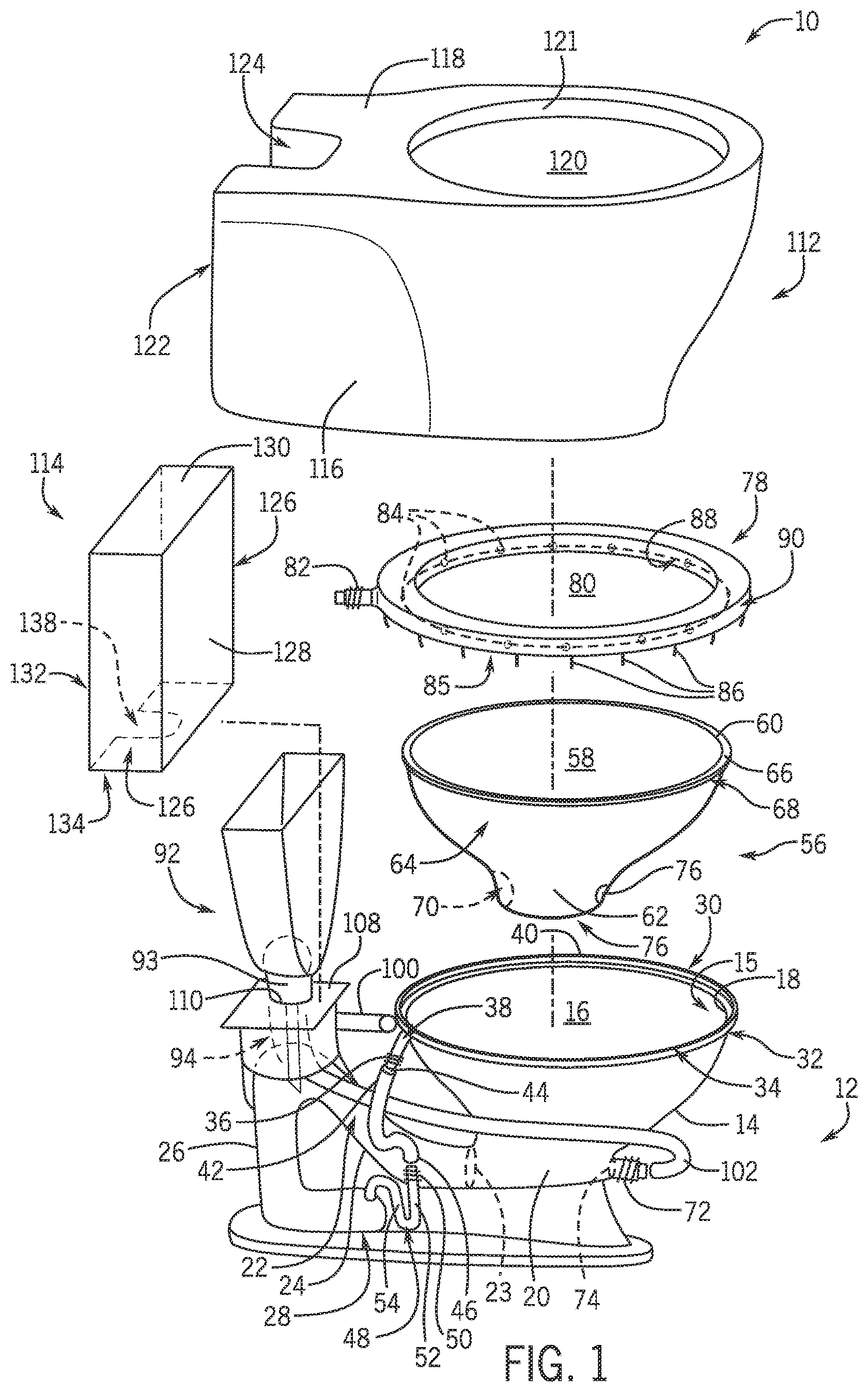 Patent US12345035 Figure 1 – Toilet with non-vitreous flush engine
