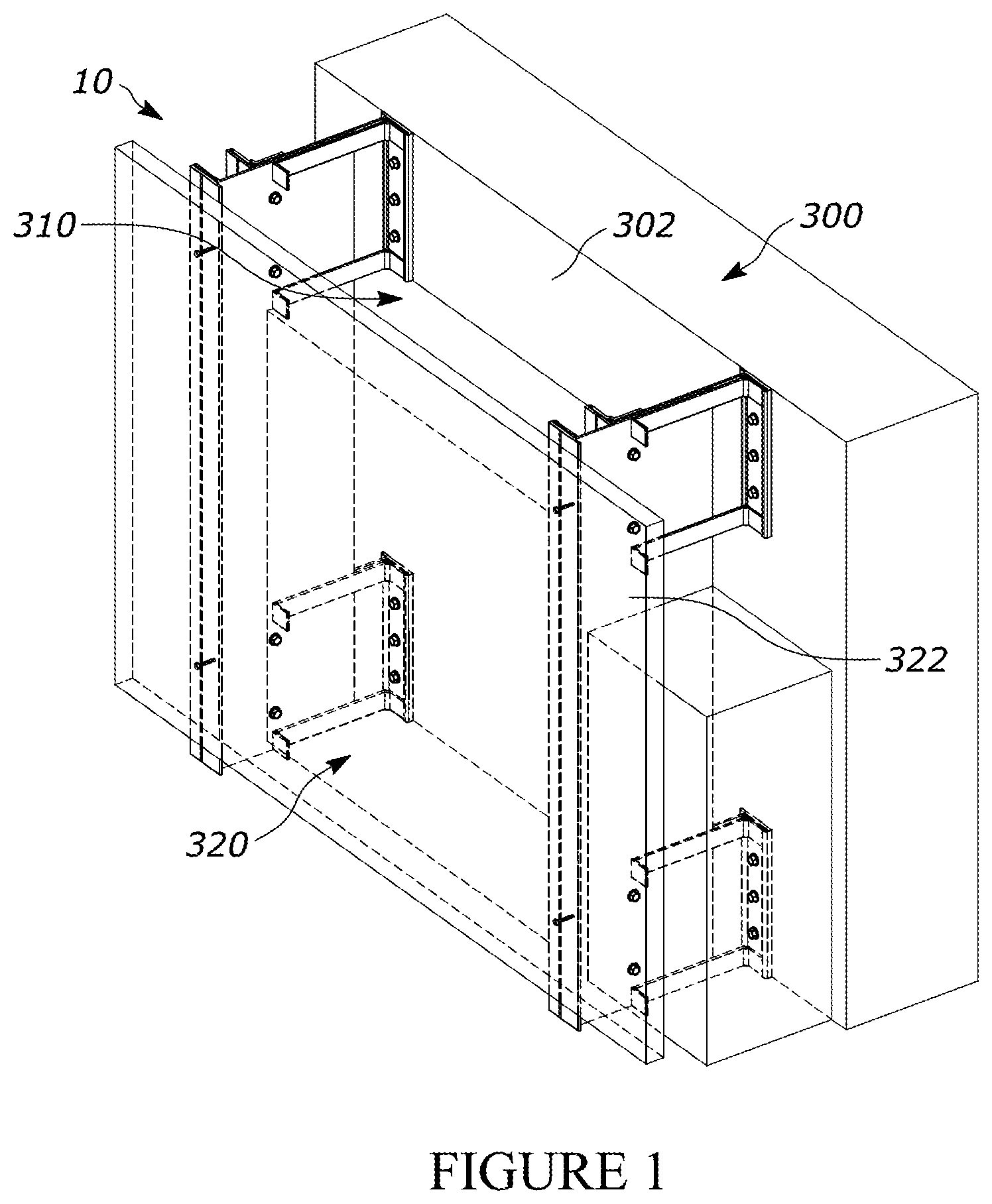 Patent US12345043 Figure 1 – Adjustable support system for a building structure and a wall structure having an adjustable support system