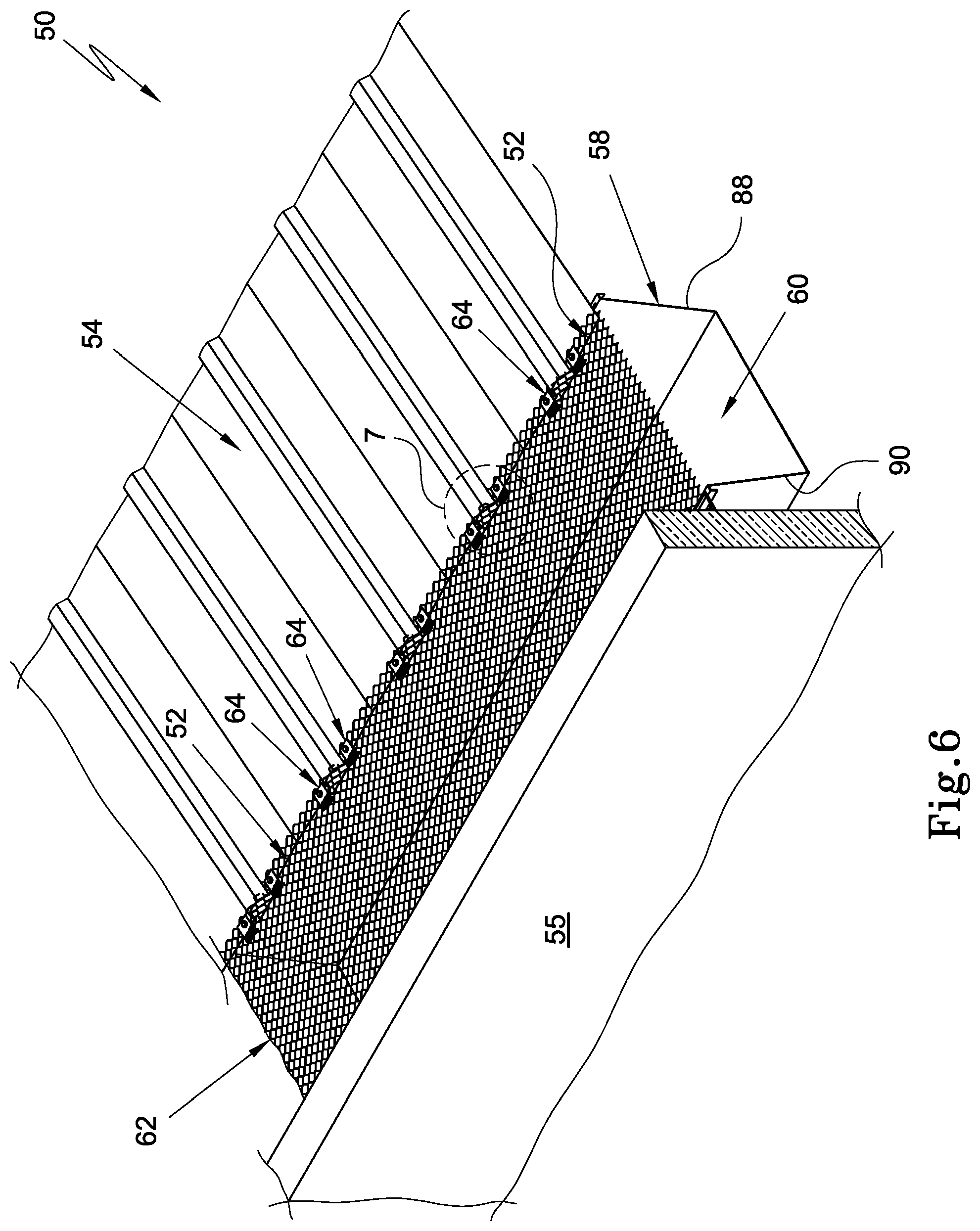 Patent US12345048 Figure 6 – Gutter installation and gutter mesh fastener