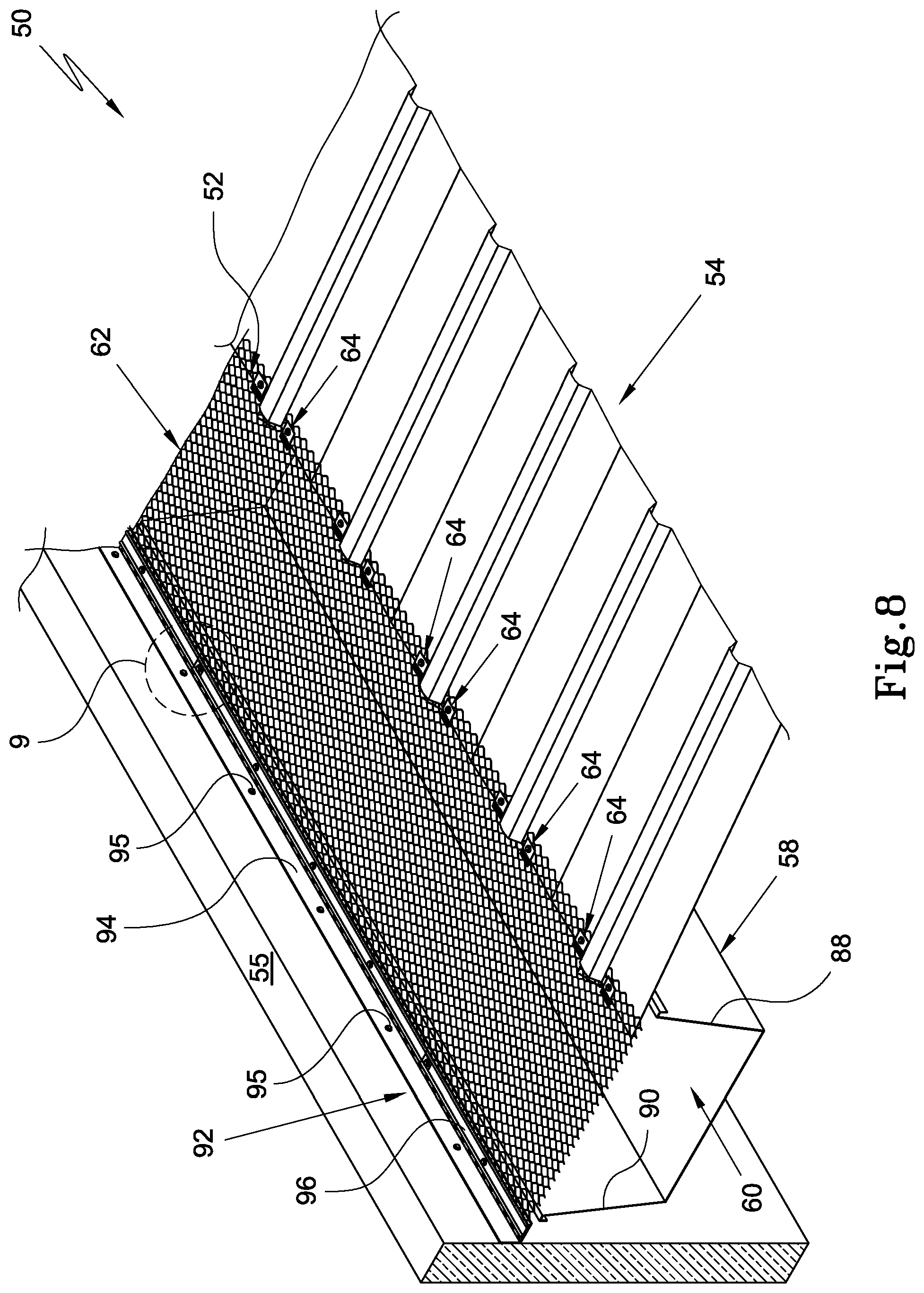Patent US12345048 Figure 8 – Gutter installation and gutter mesh fastener