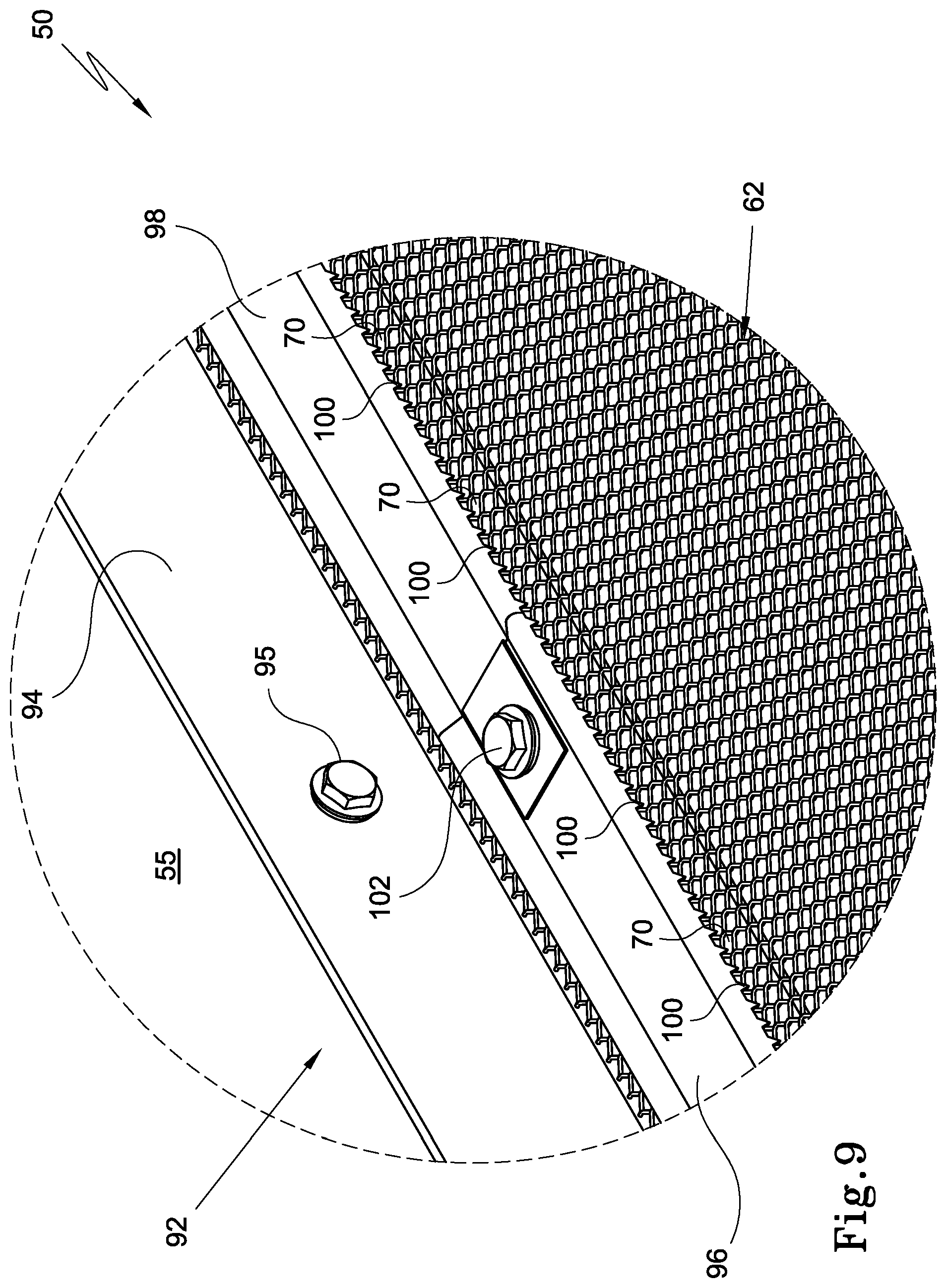 Patent US12345048 Figure 9 – Gutter installation and gutter mesh fastener