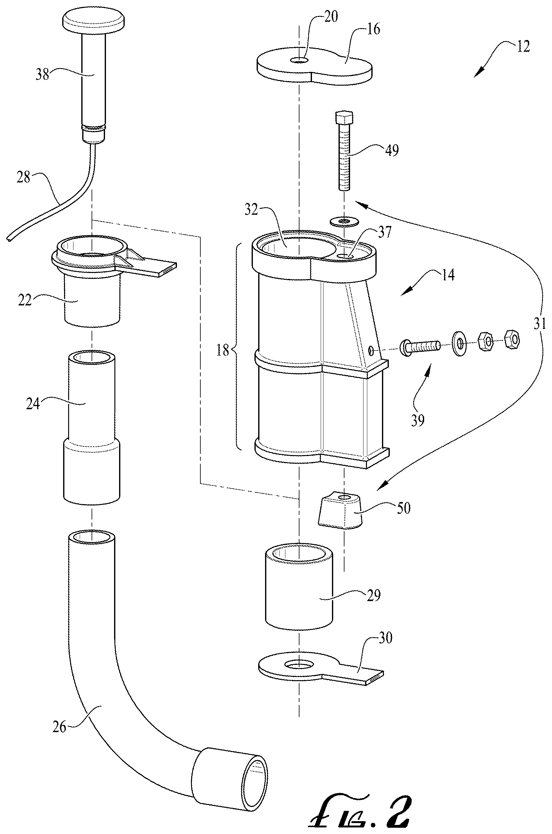 Patent US12345069 Figure 2 – Deck or slab anchor housing power supply for pool and other high-moisture operating environment powered devices
