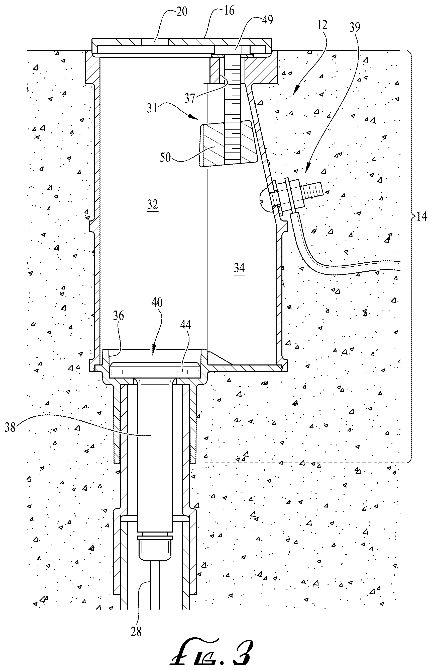Patent US12345069 Figure 3 – Deck or slab anchor housing power supply for pool and other high-moisture operating environment powered devices