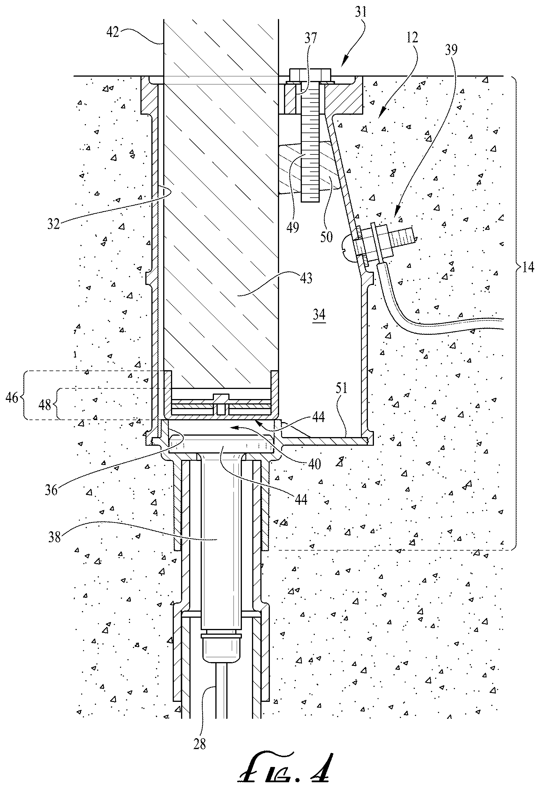 Patent US12345069 Figure 4 – Deck or slab anchor housing power supply for pool and other high-moisture operating environment powered devices