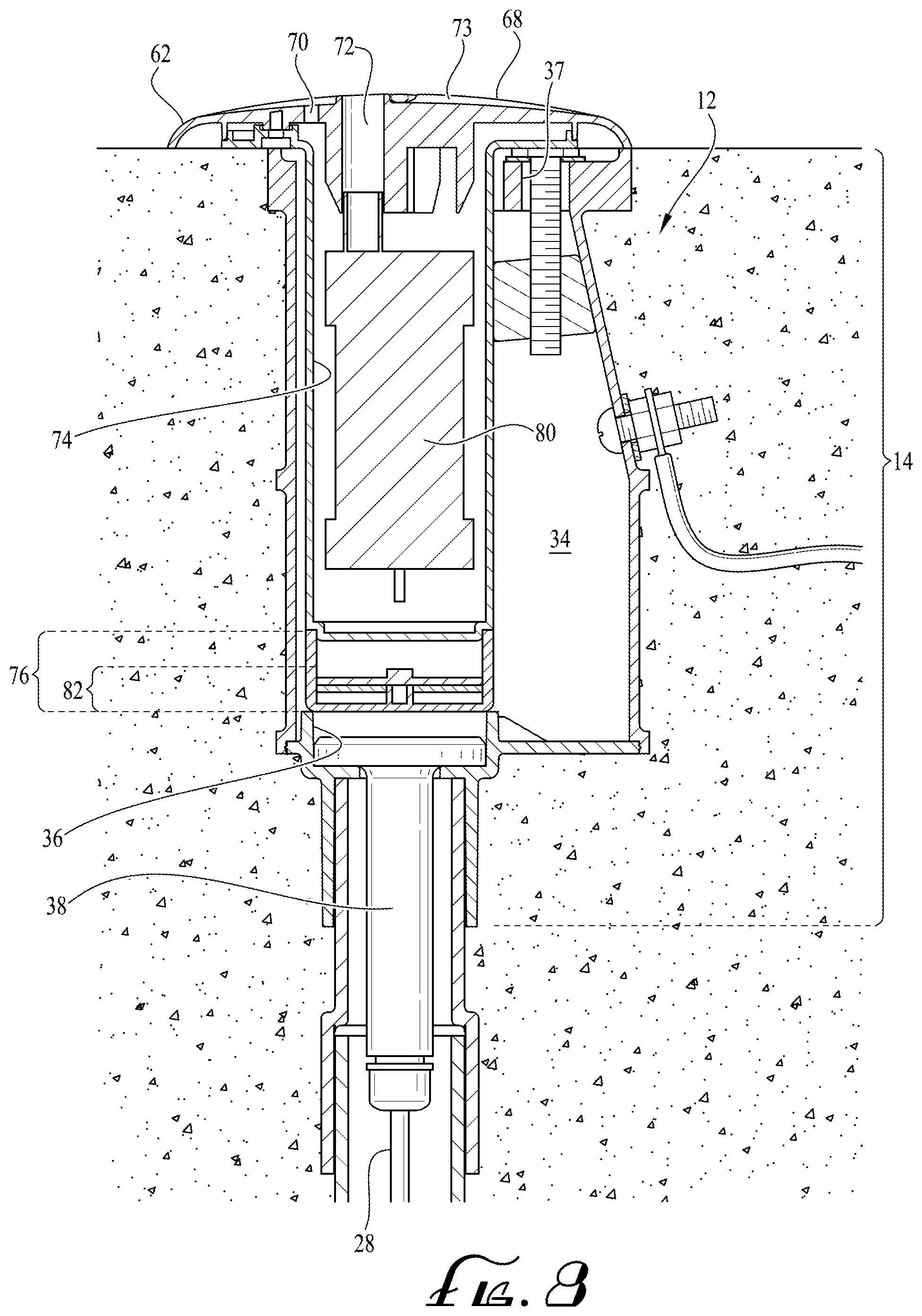 Patent US12345069 Figure 7 – Deck or slab anchor housing power supply for pool and other high-moisture operating environment powered devices