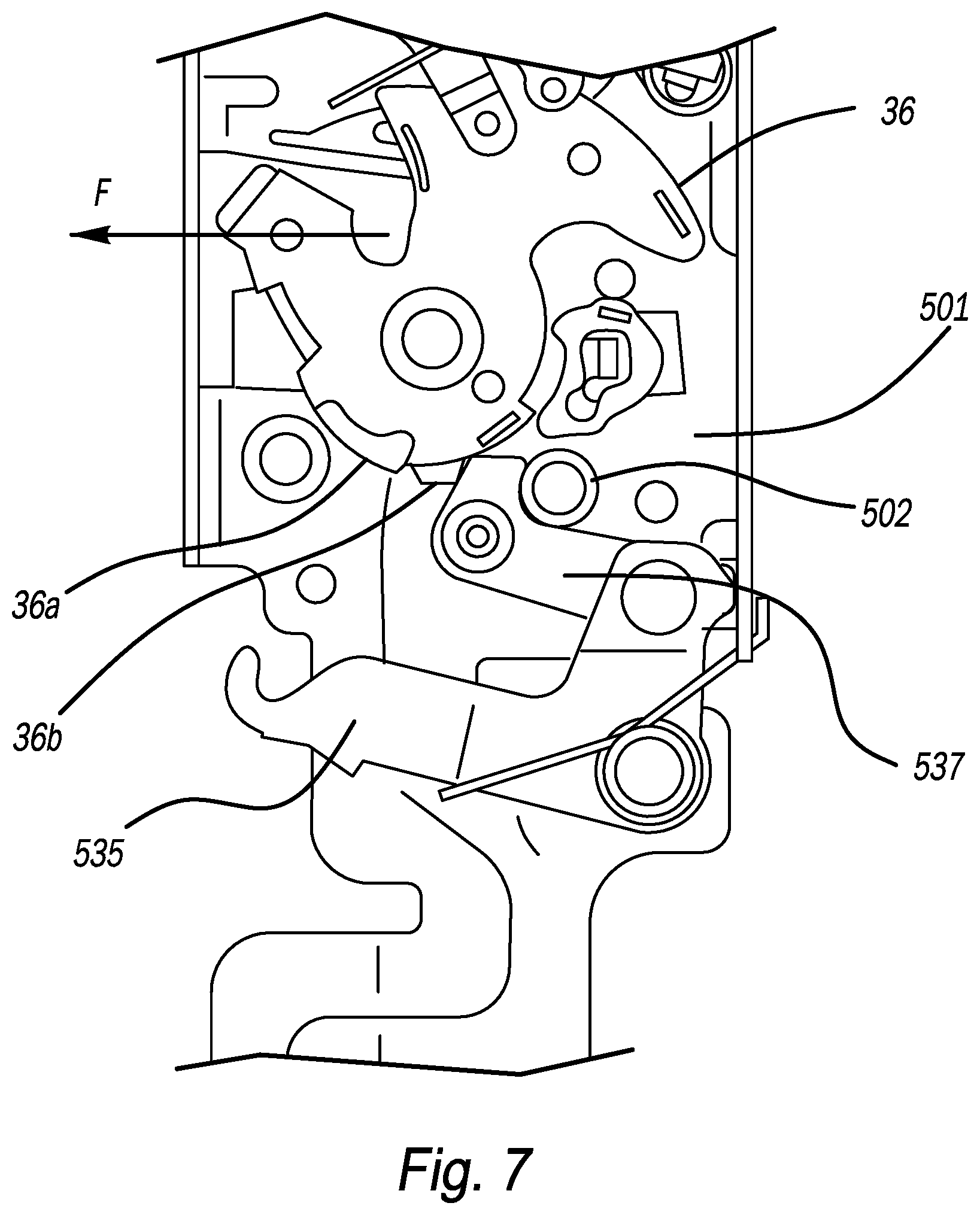Patent US12345077 Figure 8 – Closure latch assembly equipped with a power cinch mechanism having a cinch pawl