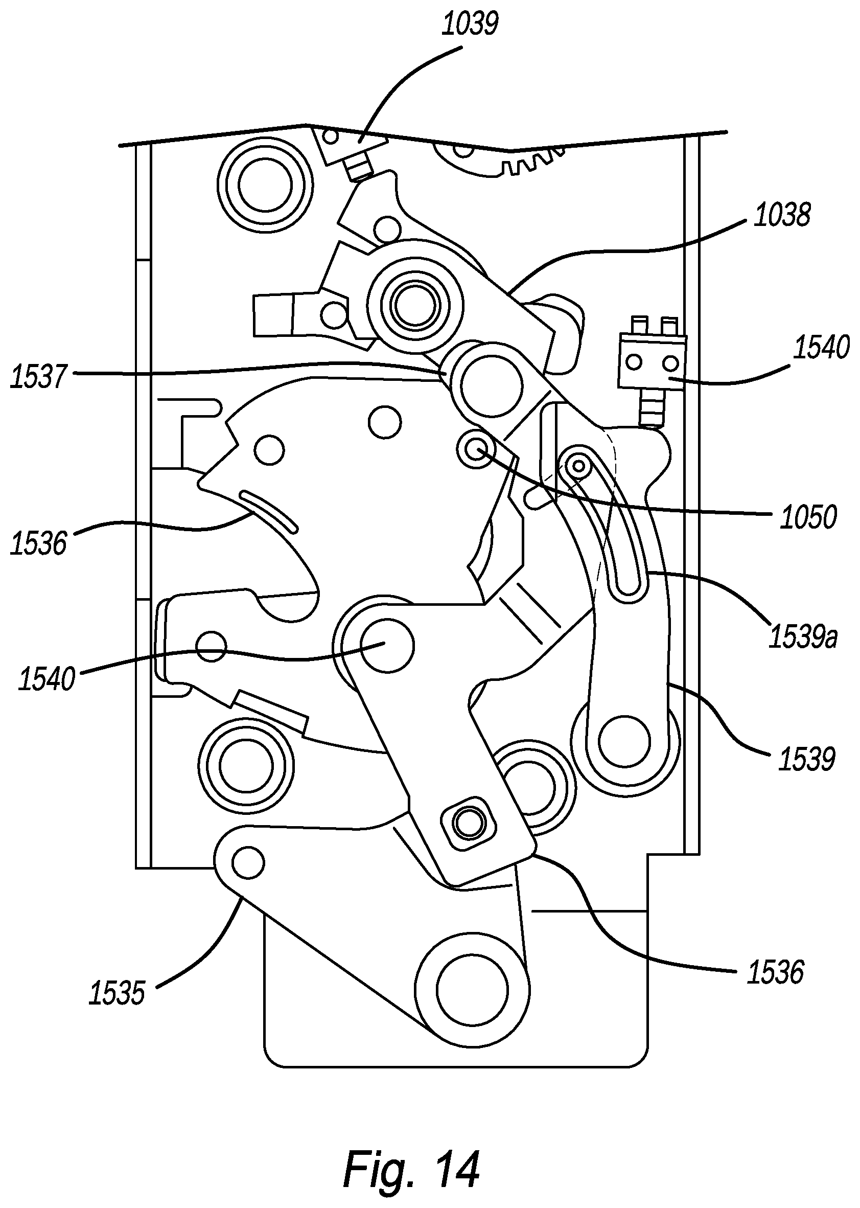 Patent US12345077 Figure 14 – Closure latch assembly equipped with a power cinch mechanism having a cinch pawl