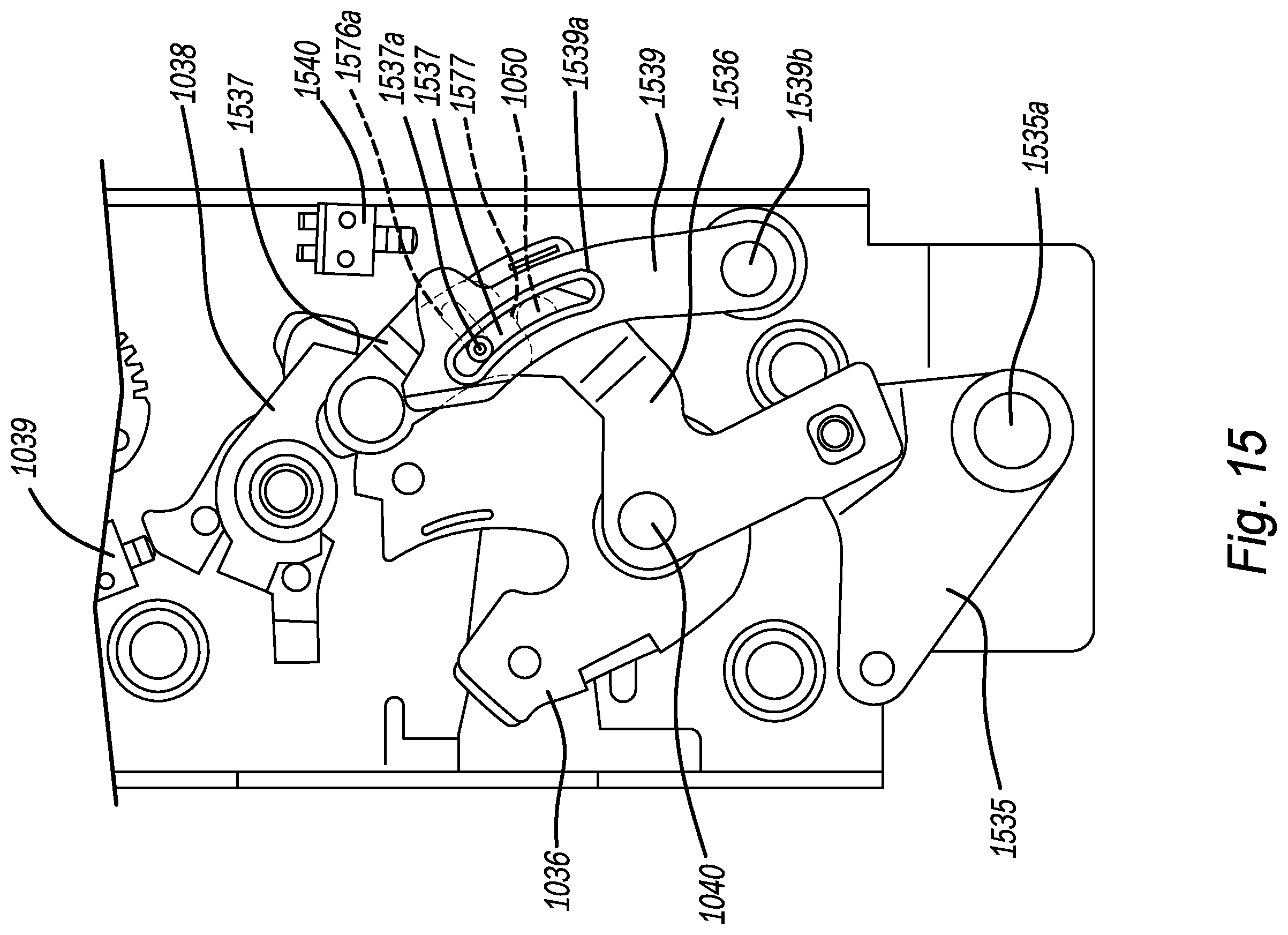 Patent US12345077 Figure 15 – Closure latch assembly equipped with a power cinch mechanism having a cinch pawl