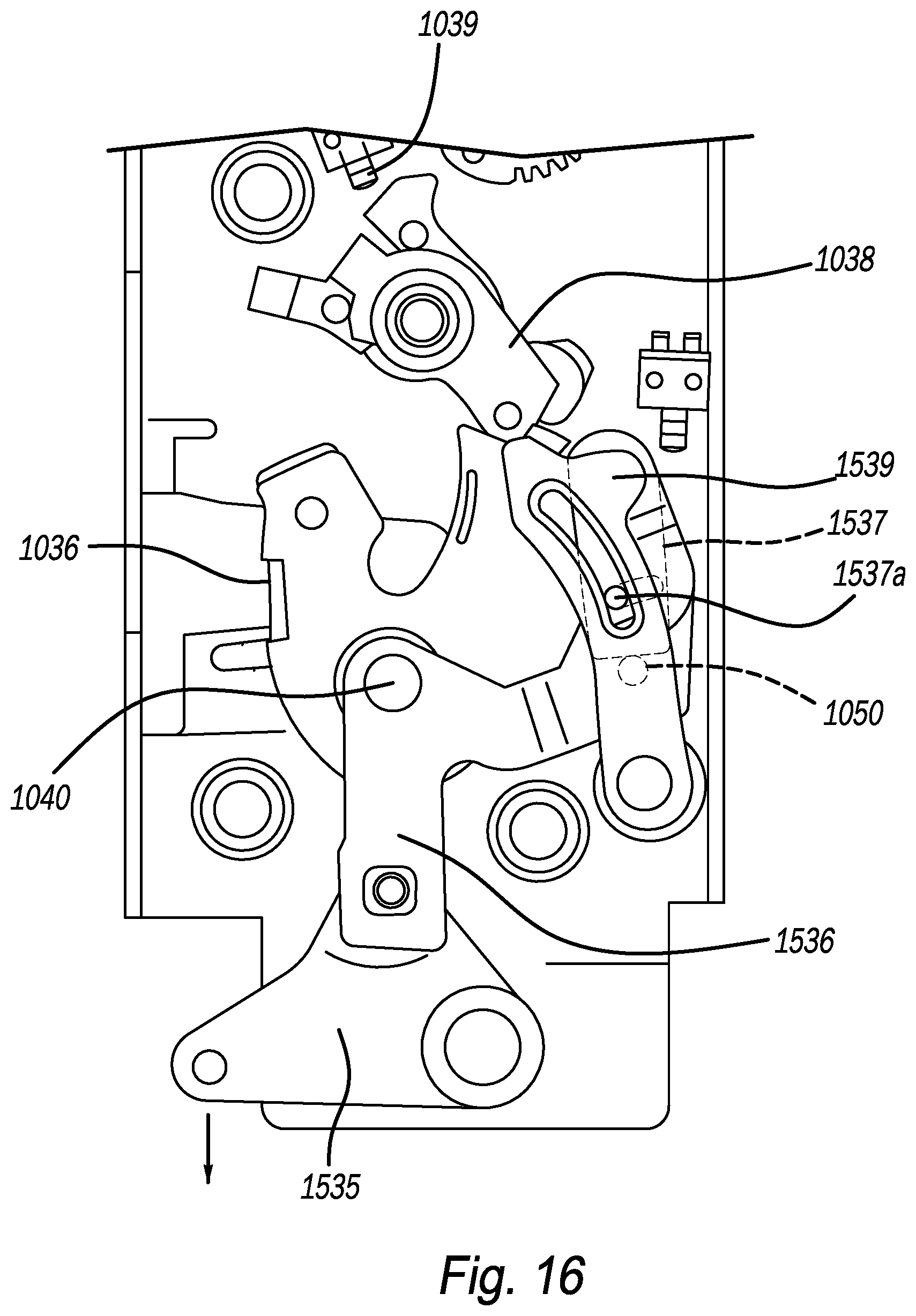 Patent US12345077 Figure 16 – Closure latch assembly equipped with a power cinch mechanism having a cinch pawl