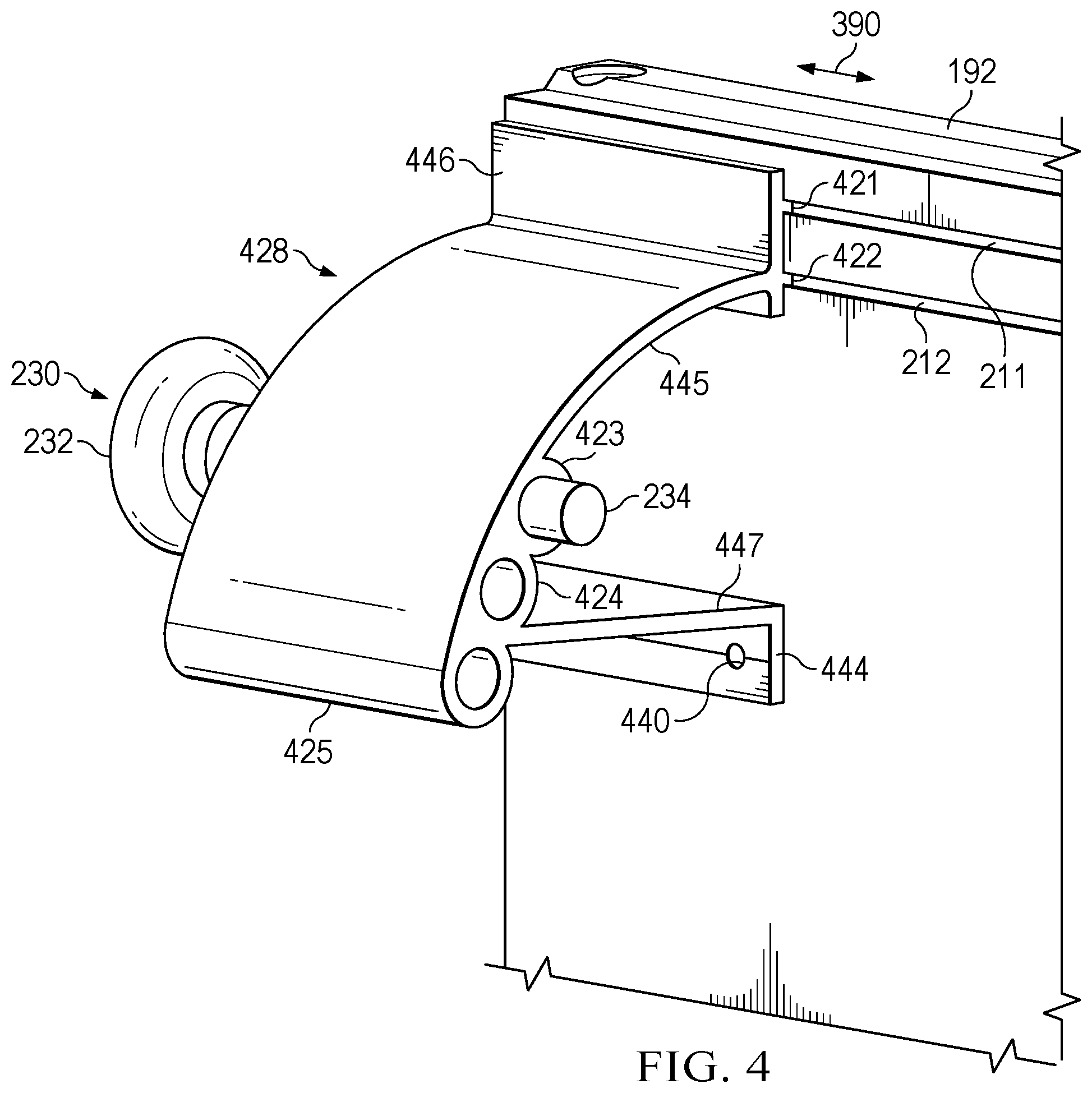 Patent US12345082 Figure 4 – Universal roller bracket for a movable barrier