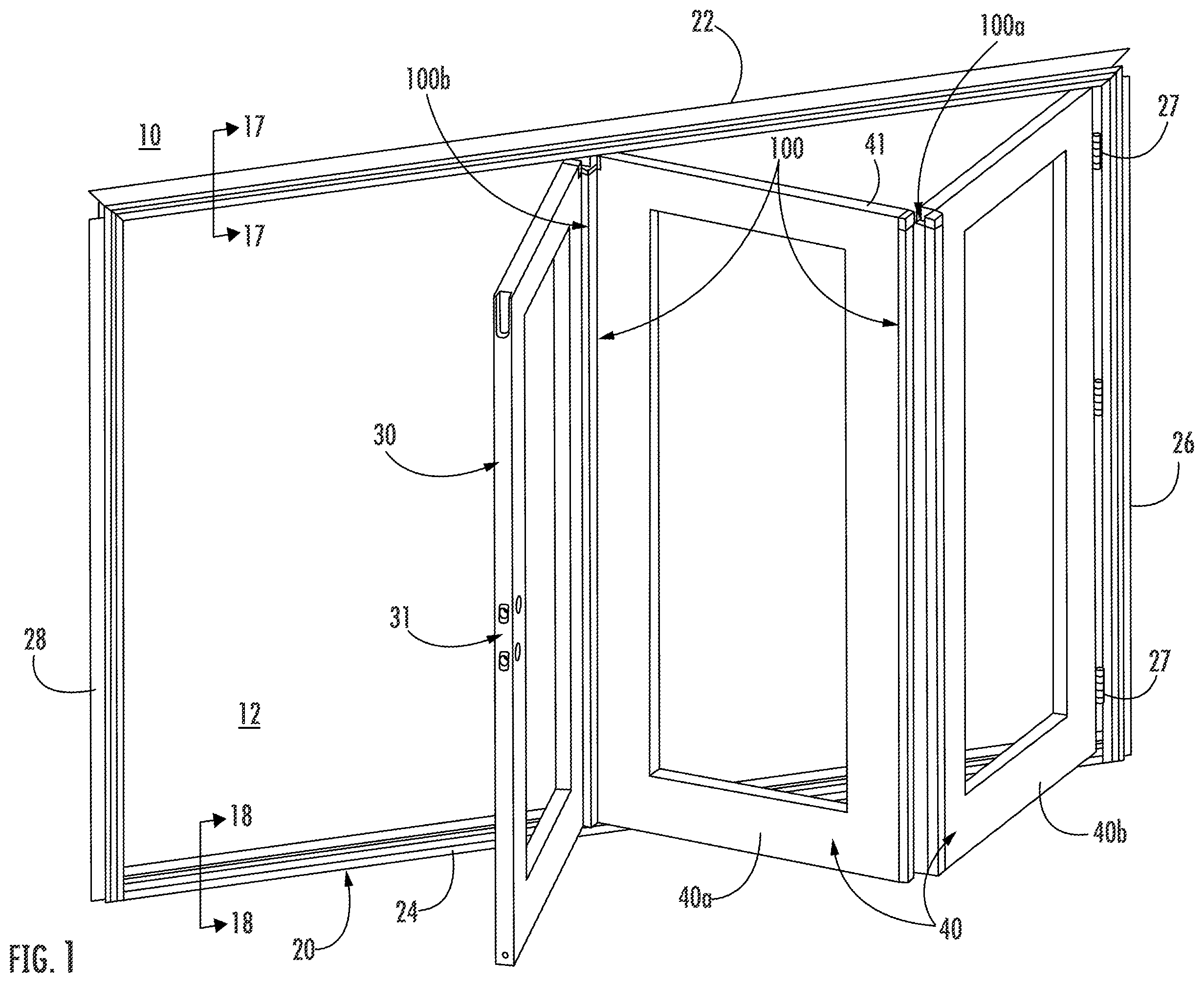 Patent US12345083 Figure 1 – Continuous locking hinge assemblies and folding door assemblies including the same