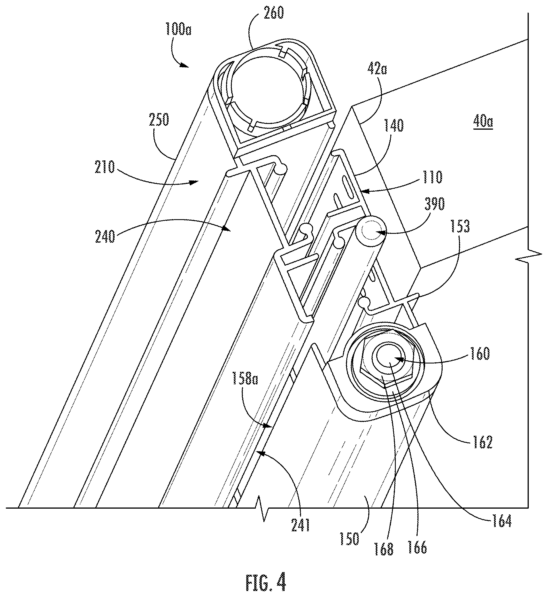 Patent US12345083 Figure 4 – Continuous locking hinge assemblies and folding door assemblies including the same