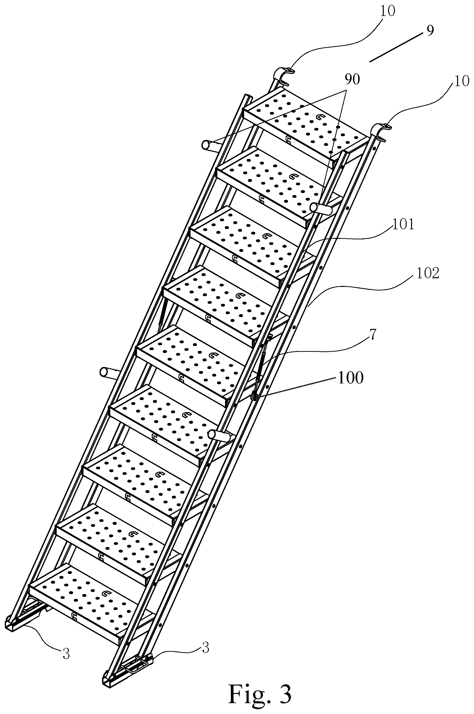 Patent US12345095 Figure 3 – Foldable and angularly adjustable ladder