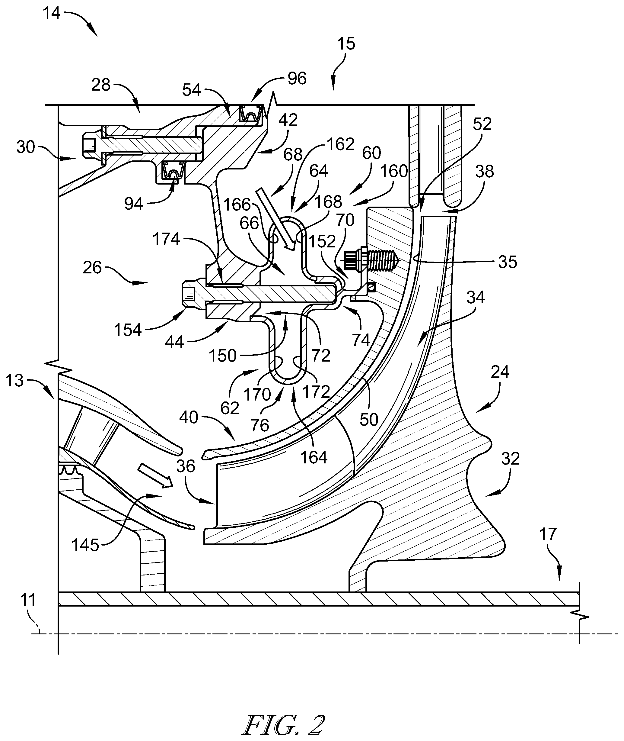 Patent US12345163 Figure 2 – Travel stop for a tip clearance control system