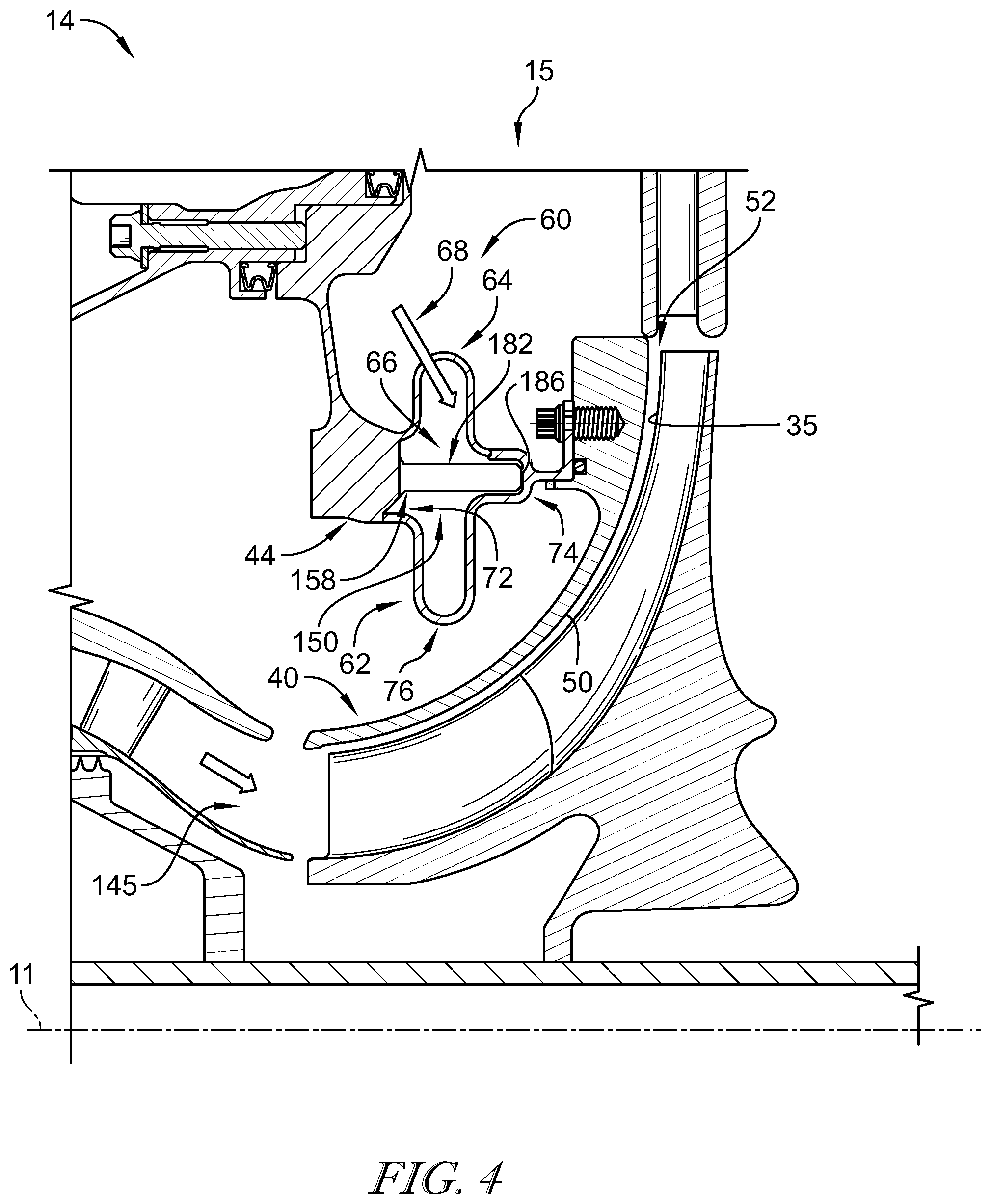 Patent US12345163 Figure 4 – Travel stop for a tip clearance control system