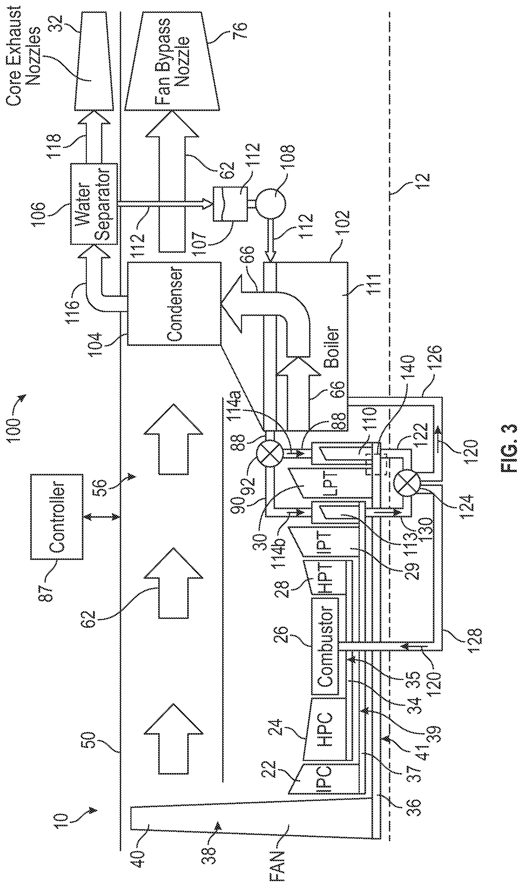 Patent US12345165 Figure 3 – Gas turbine engine having multiple steam turbines