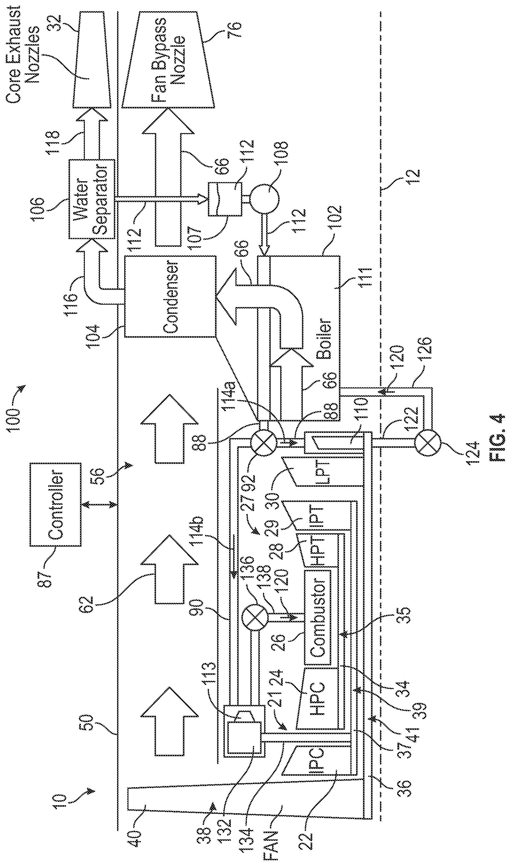 Patent US12345165 Figure 4 – Gas turbine engine having multiple steam turbines