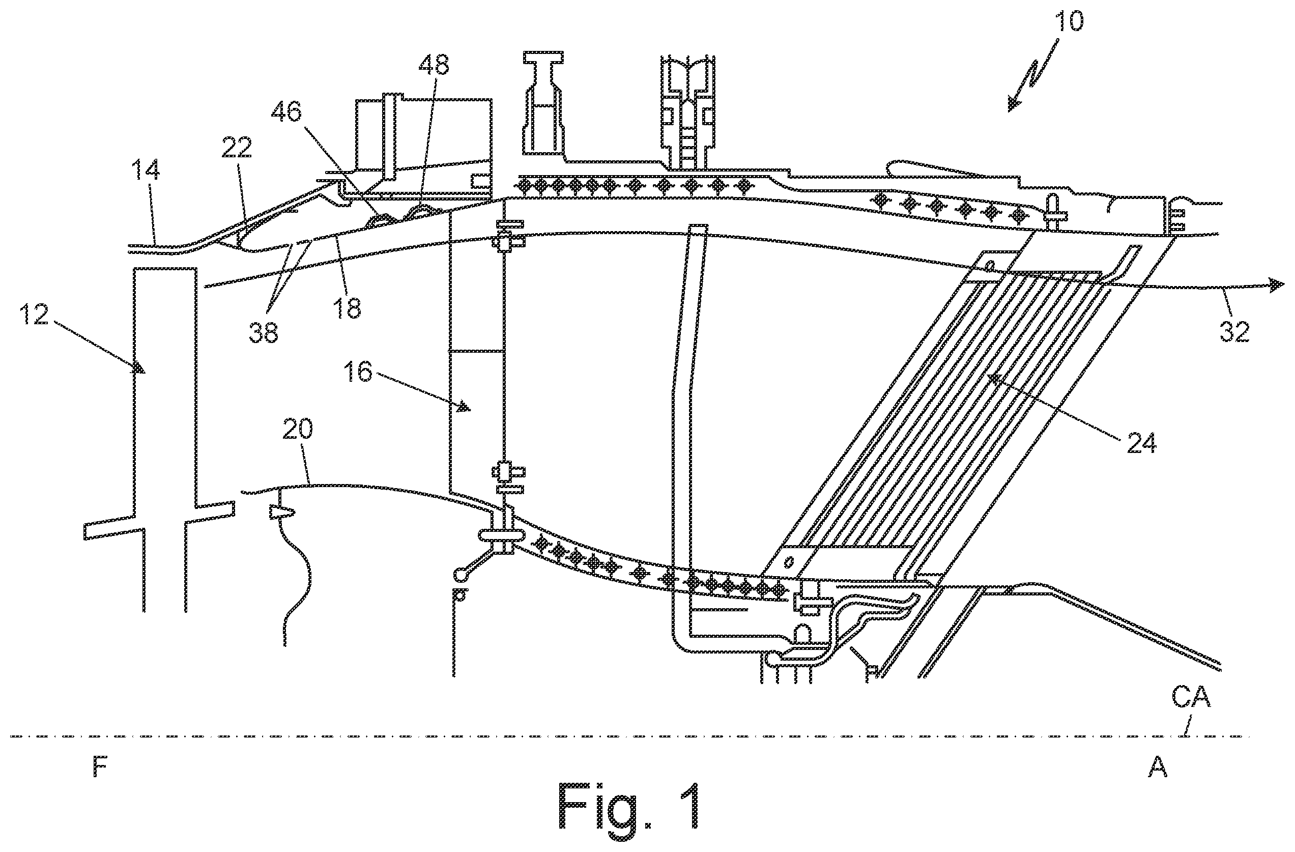 Patent US12345169 Figure 1 – Thermally compliant forward outer-diameter ring for a gas turbine engine