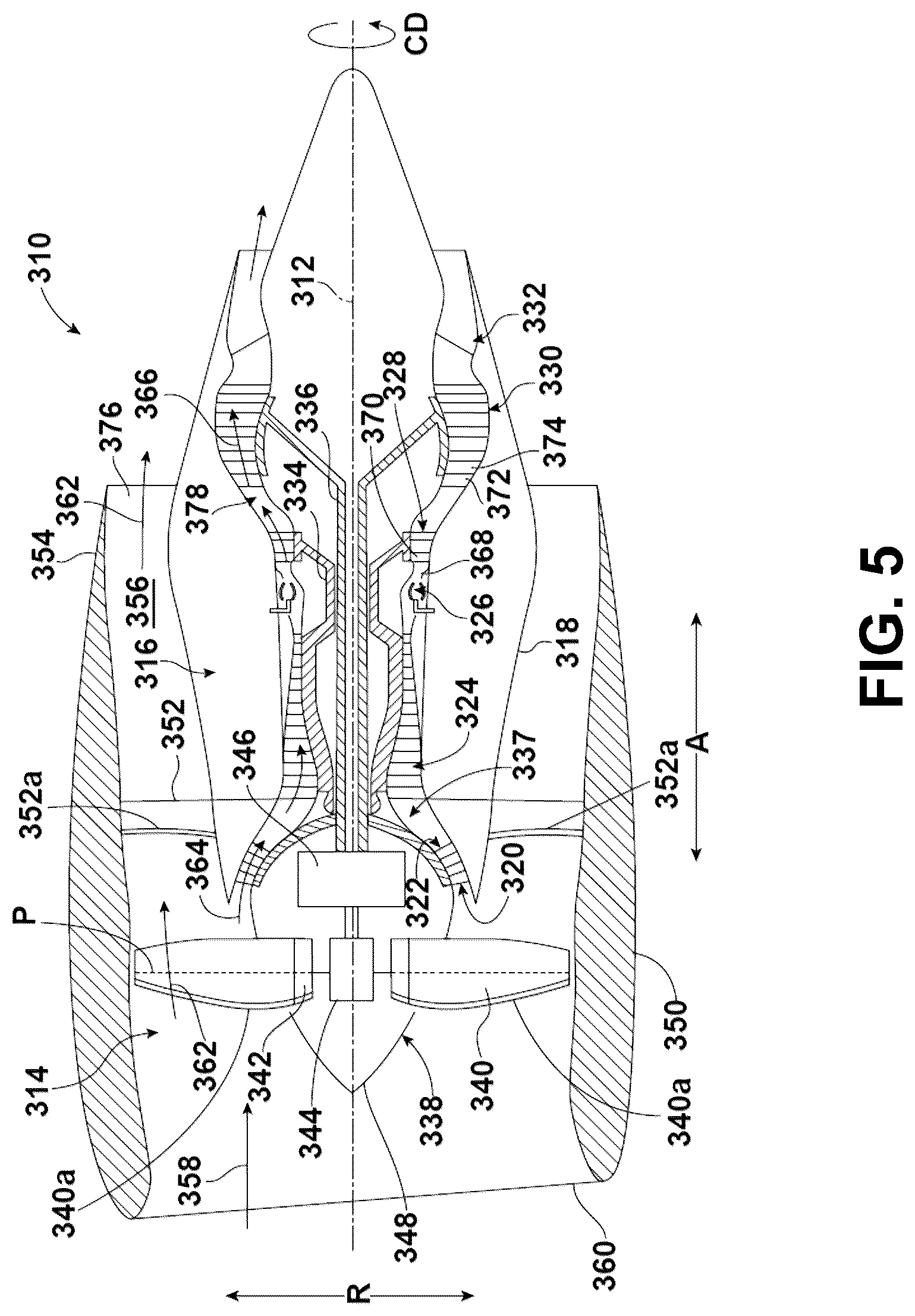 Patent US12345177 Figure 5 – Turbine engine with composite airfoils