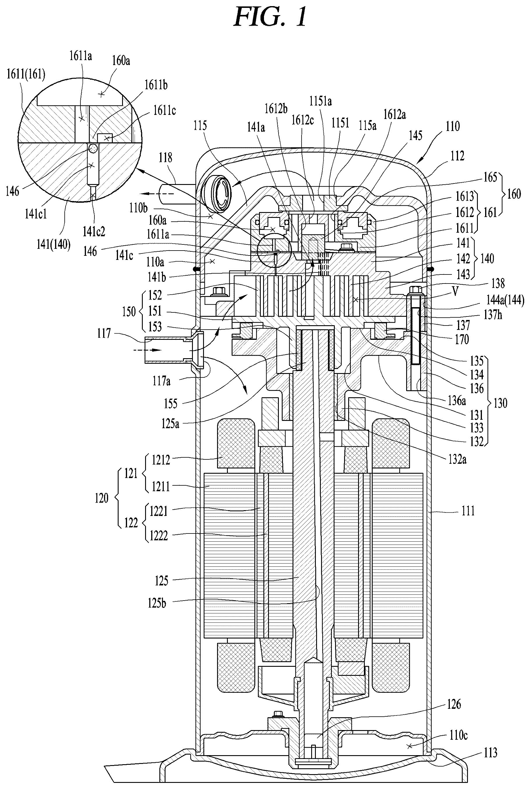 Patent US12345259 Figure 1 – Scroll compressor