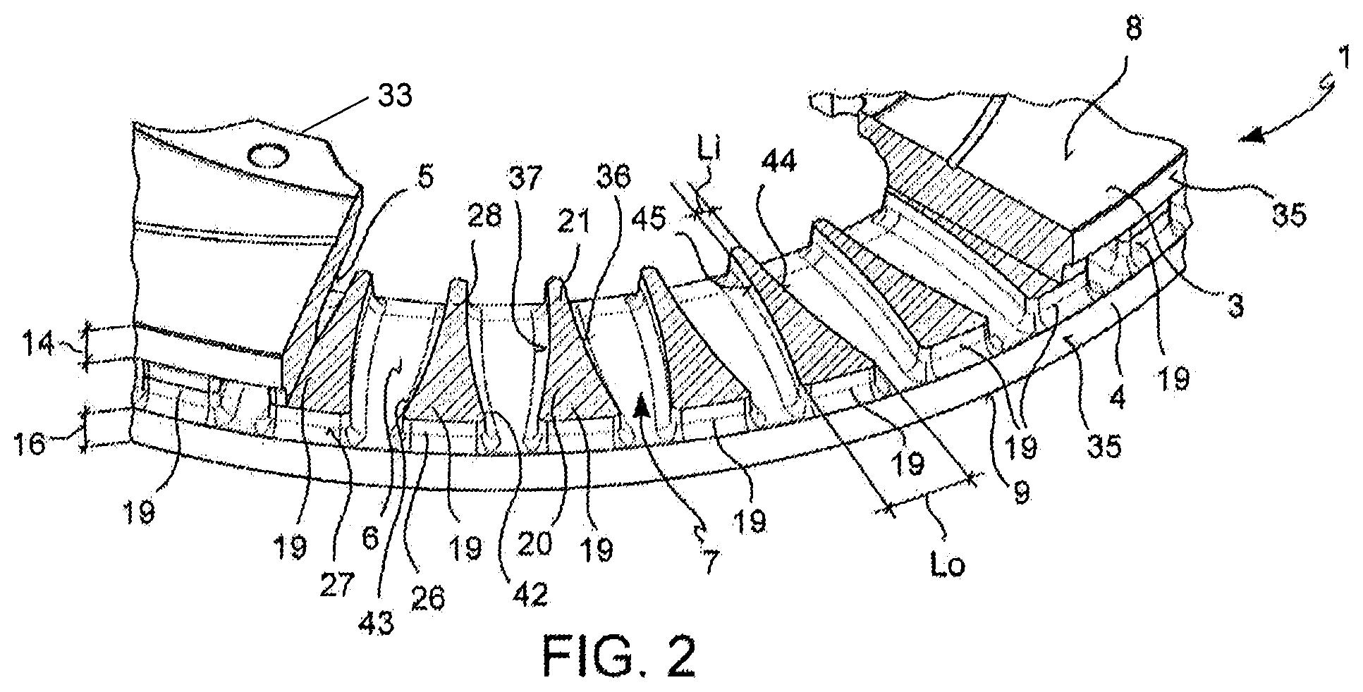 Patent US12345303 Figure 2 – Braking band of a disc for disc brake of ventilated type