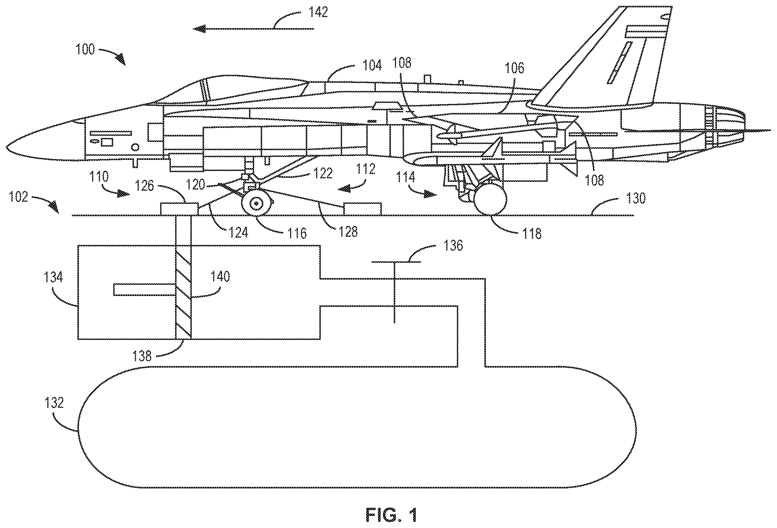 Patent US12345308 Figure 1 – Methods, systems, apparatus, and articles of manufacture to damp catapult loads on an aircraft