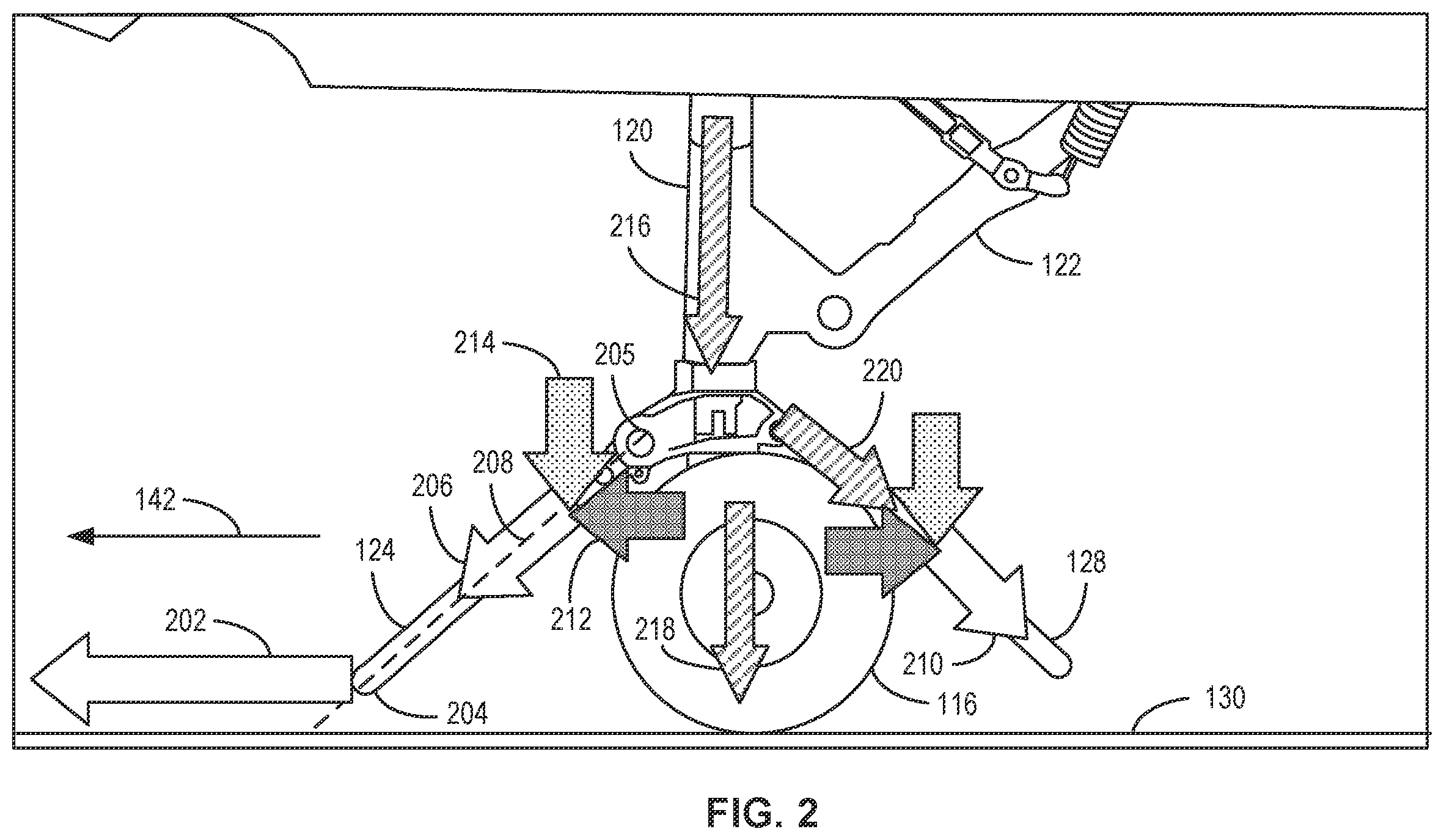 Patent US12345308 Figure 2 – Methods, systems, apparatus, and articles of manufacture to damp catapult loads on an aircraft