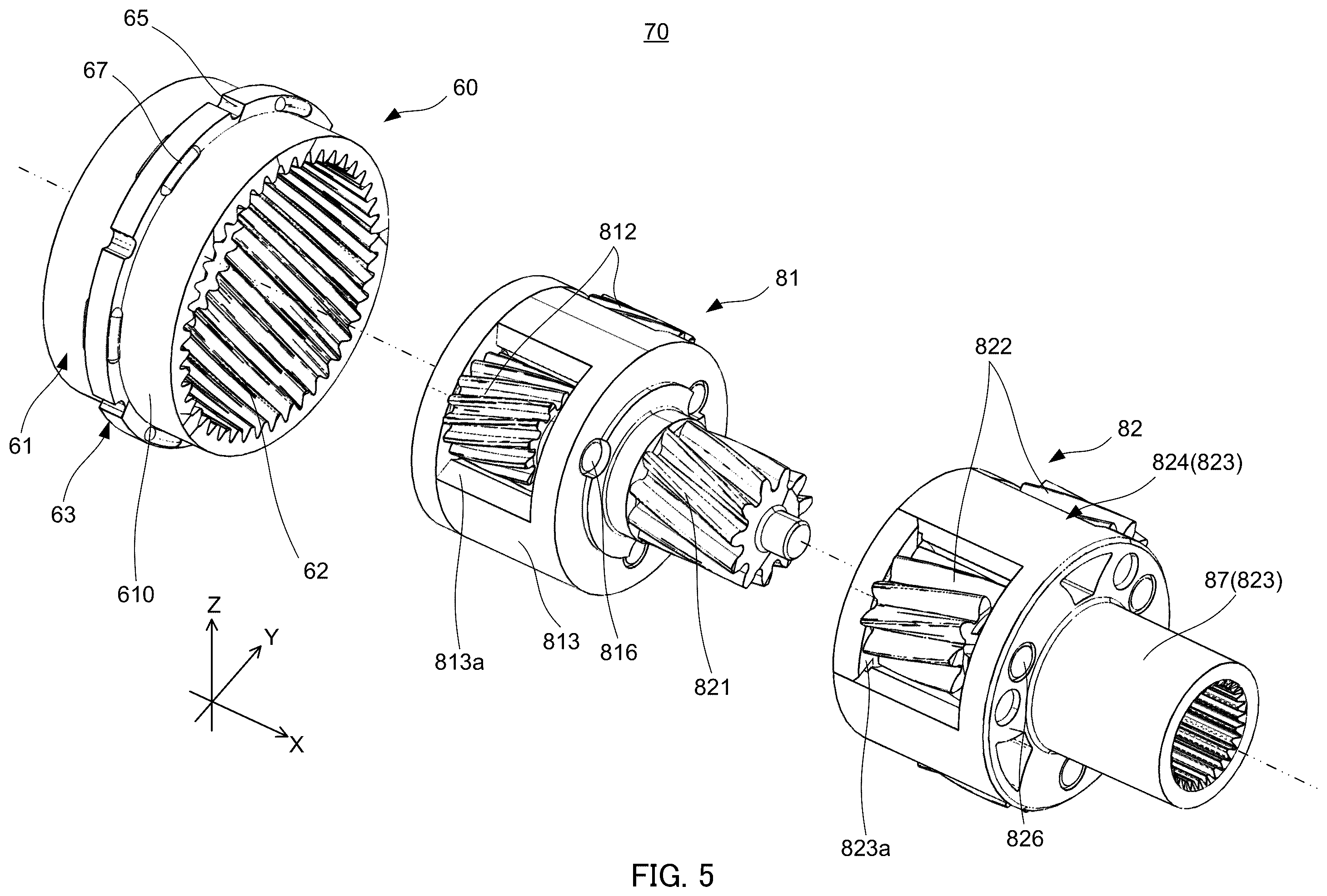 Patent US12345318 Figure 5 – Separation structure of internal gear and housing, planetary gear device and actuator