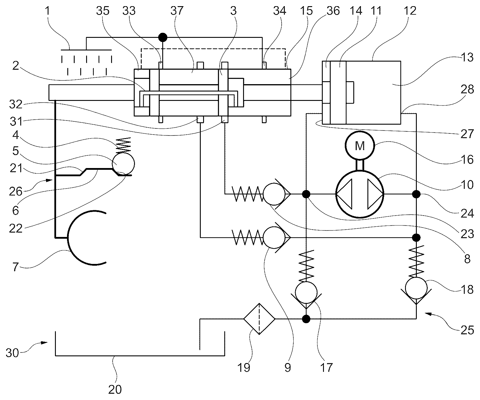 Patent US12345326 Figure 1 – Hydraulic system and method for operating a hydraulic system