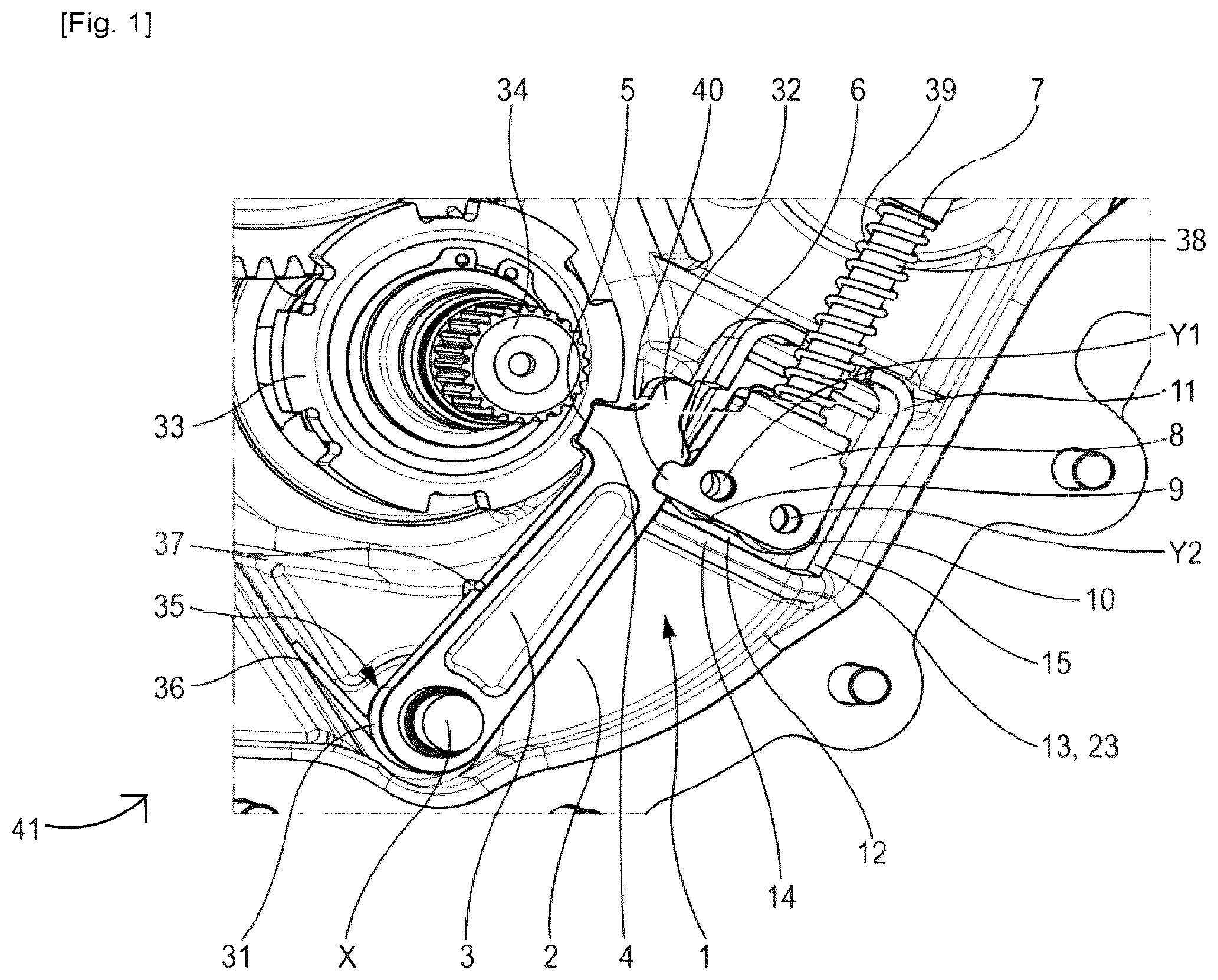 Patent US12345330 Figure 1 – Gearbox with a blocking mechanism
