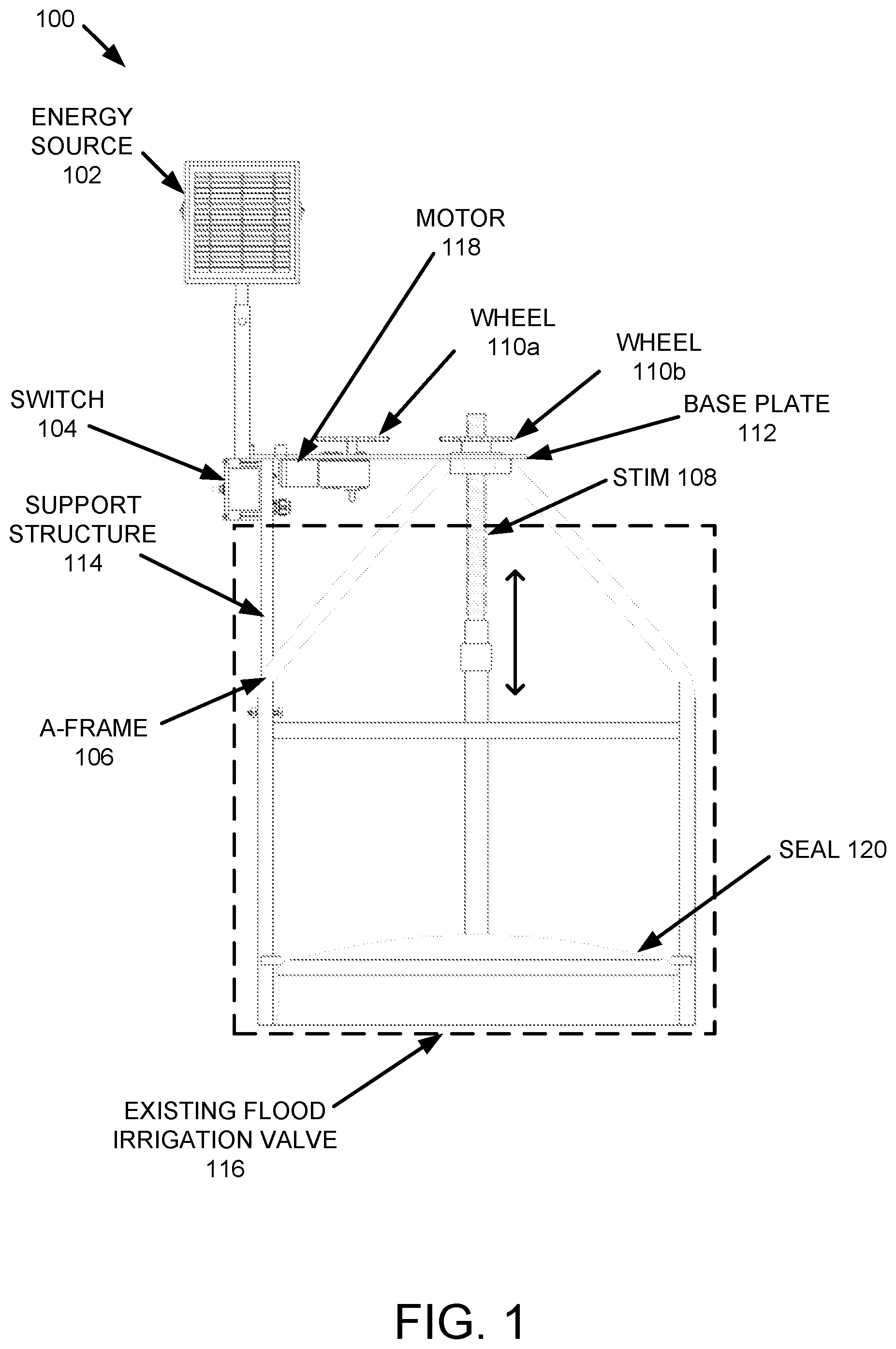 Patent US12345349 — Retrofitted flood irrigation valve actuating apparatus — Figure 1