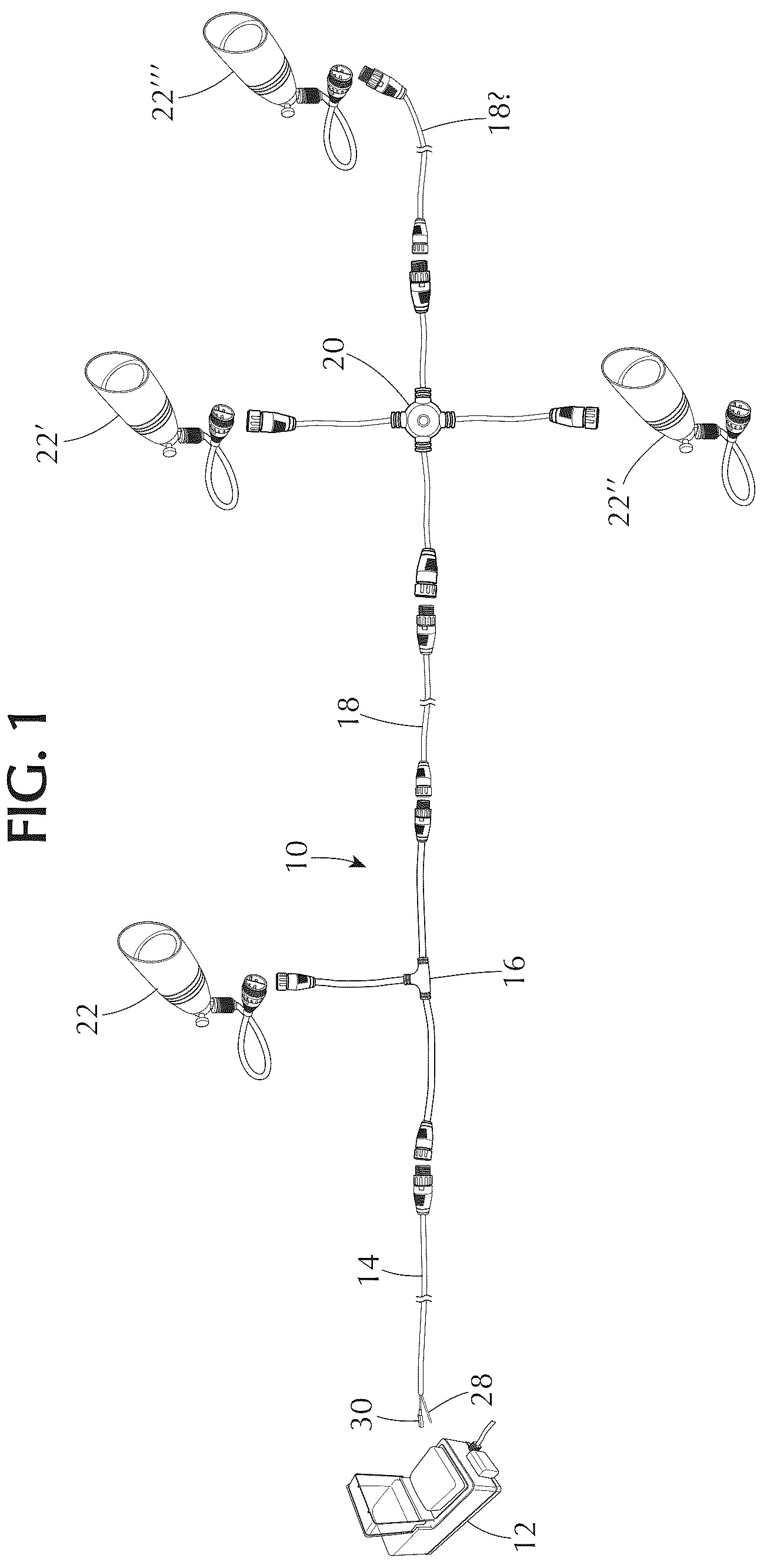 Patent US12345399 — Pluggable low voltage outdoor watertight lighting system for path lighting — Figure 1