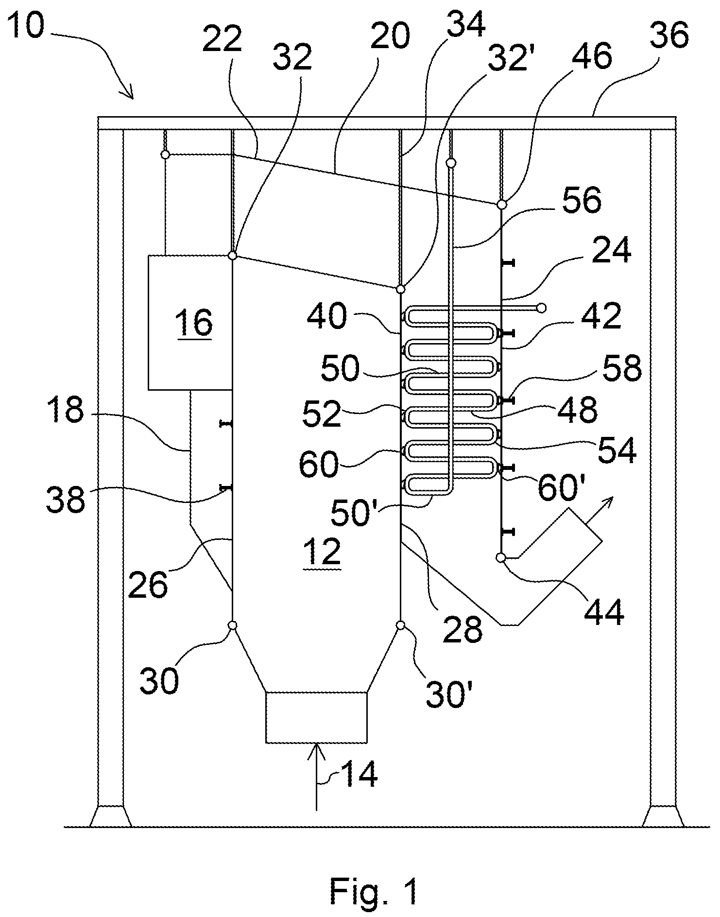 Patent US12345411 Figure 1 – Arrangement for a method of supporting a side wall of a vertical flue gas pass in a thermal power steam generator