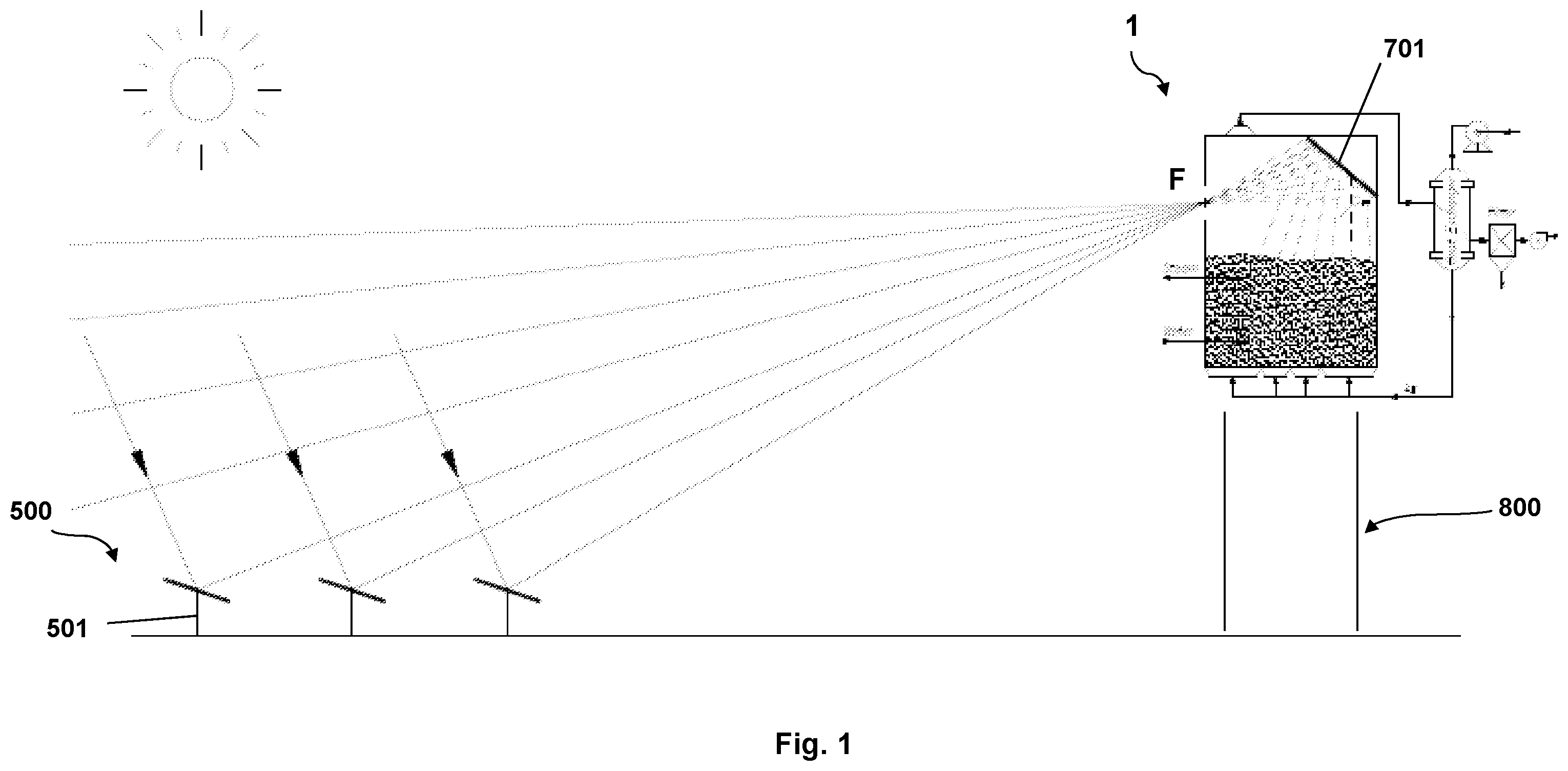 Patent US12345448 Figure 1 – Device for the storage of thermal energy of solar origin based upon multiple reflections