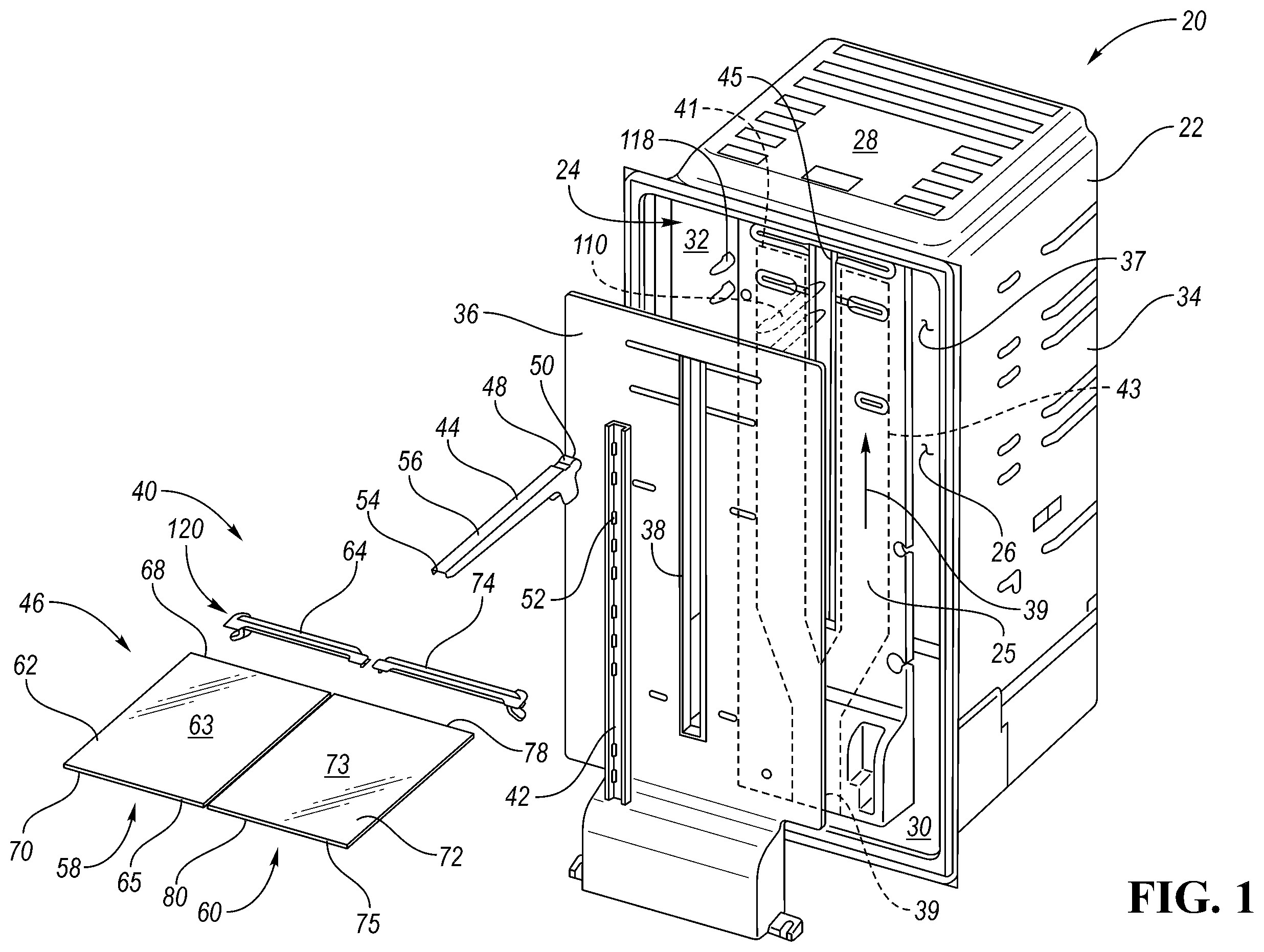 Patent US12345465 Figure 1 – Refrigerator appliance shelving system