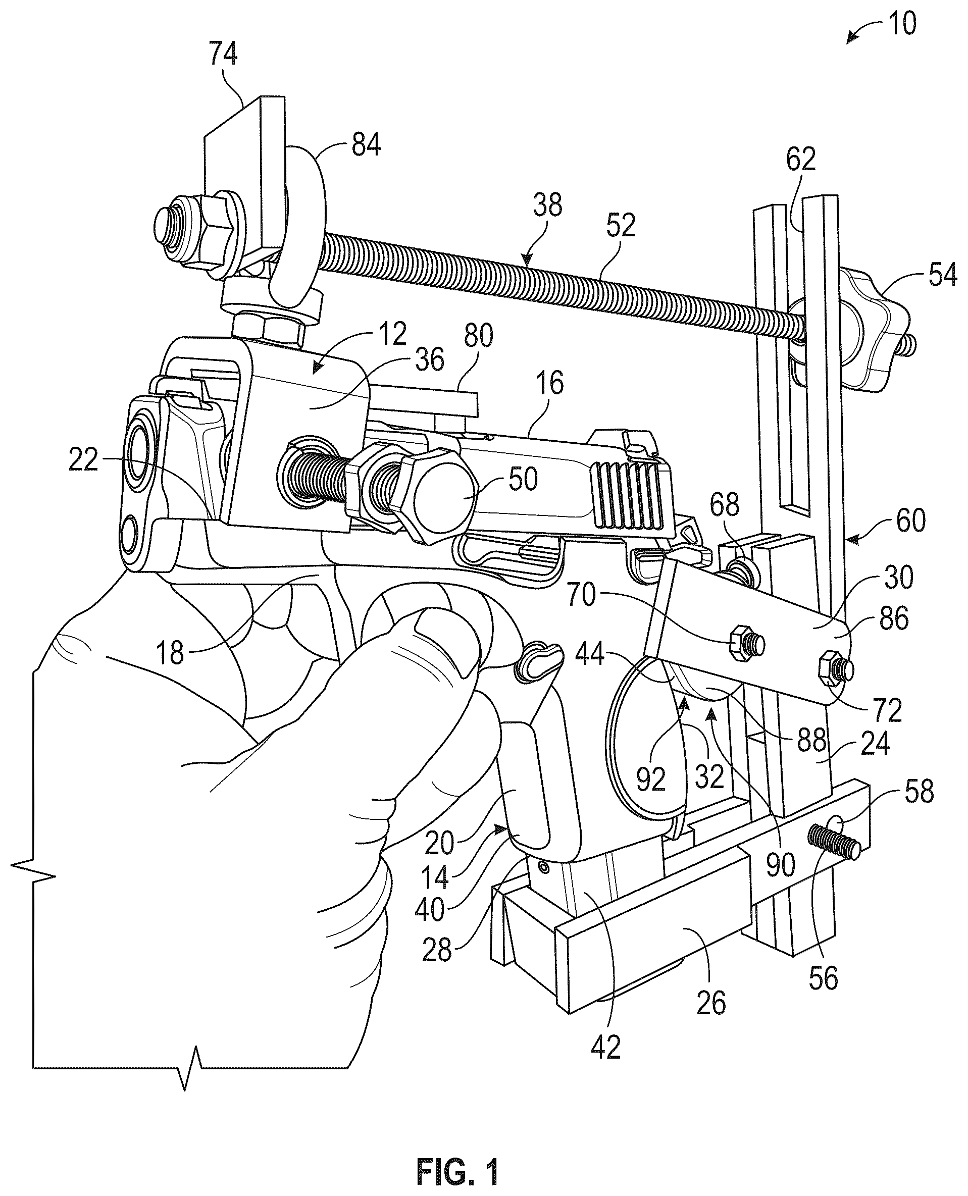 Patent US12345485 Figure 1 – Pistol slide restraining tool