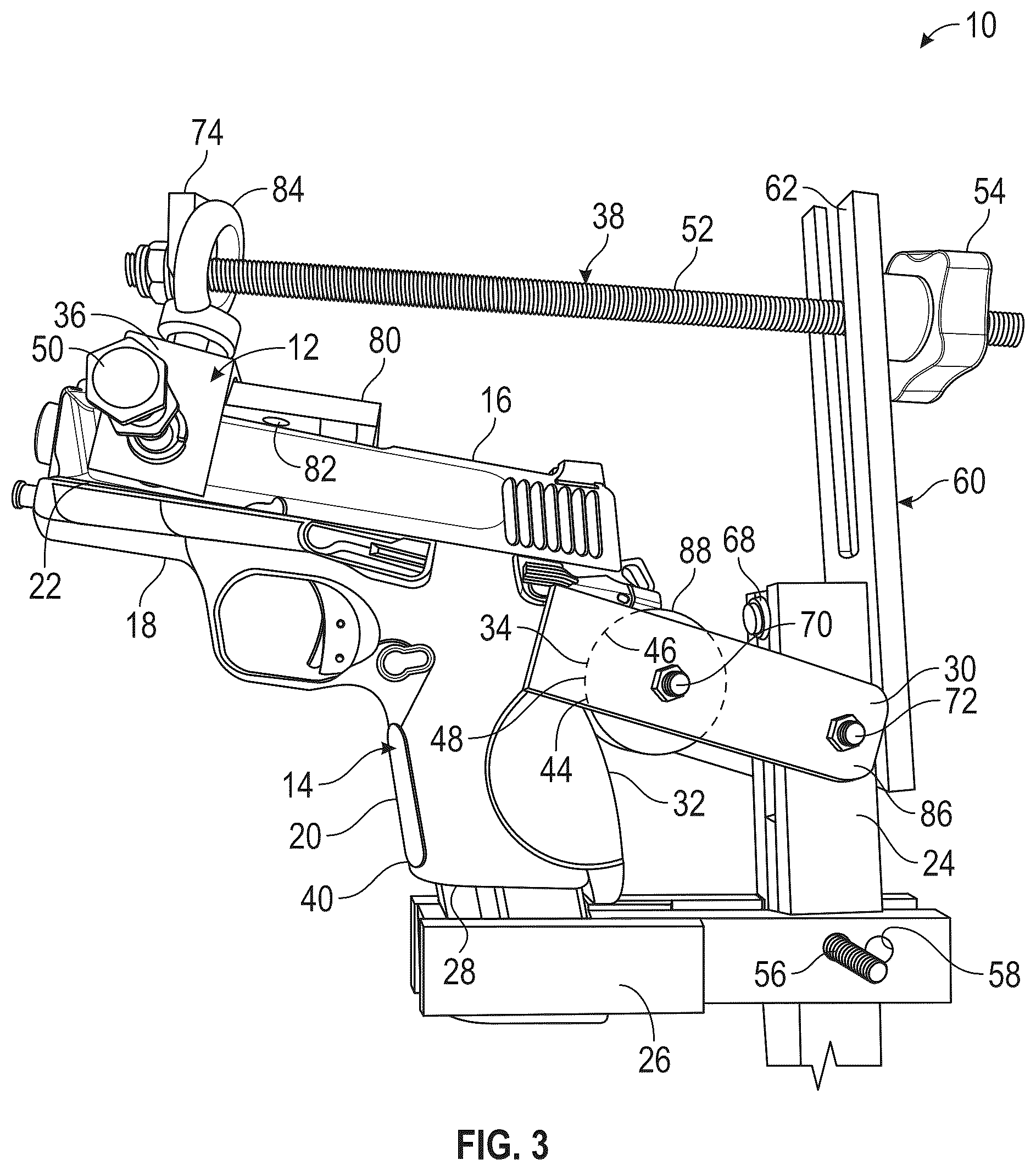 Patent US12345485 Figure 3 – Pistol slide restraining tool