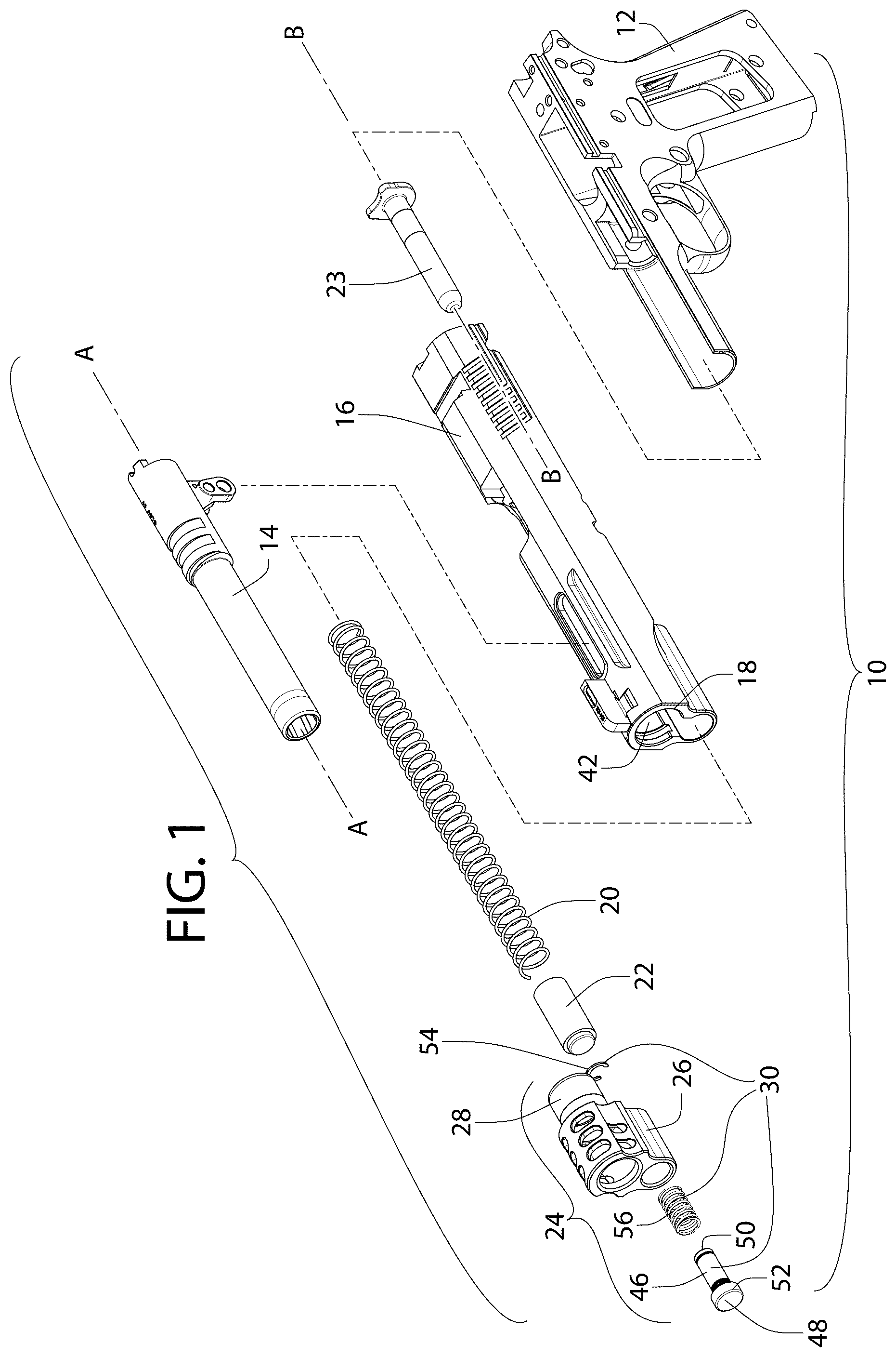 Patent US12345493 Figure 1 – Tool-less takedown bushing/compensator device for pistol