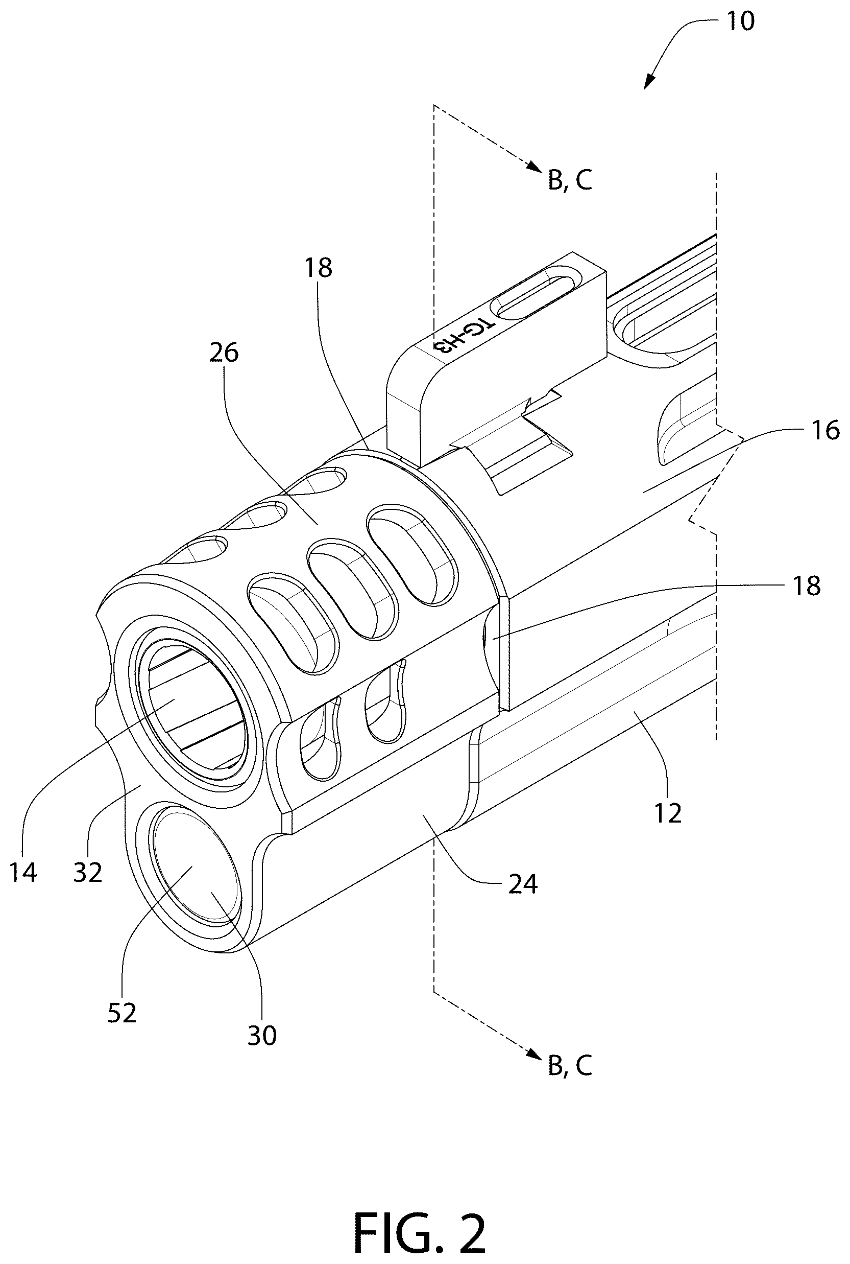 Patent US12345493 Figure 2 – Tool-less takedown bushing/compensator device for pistol