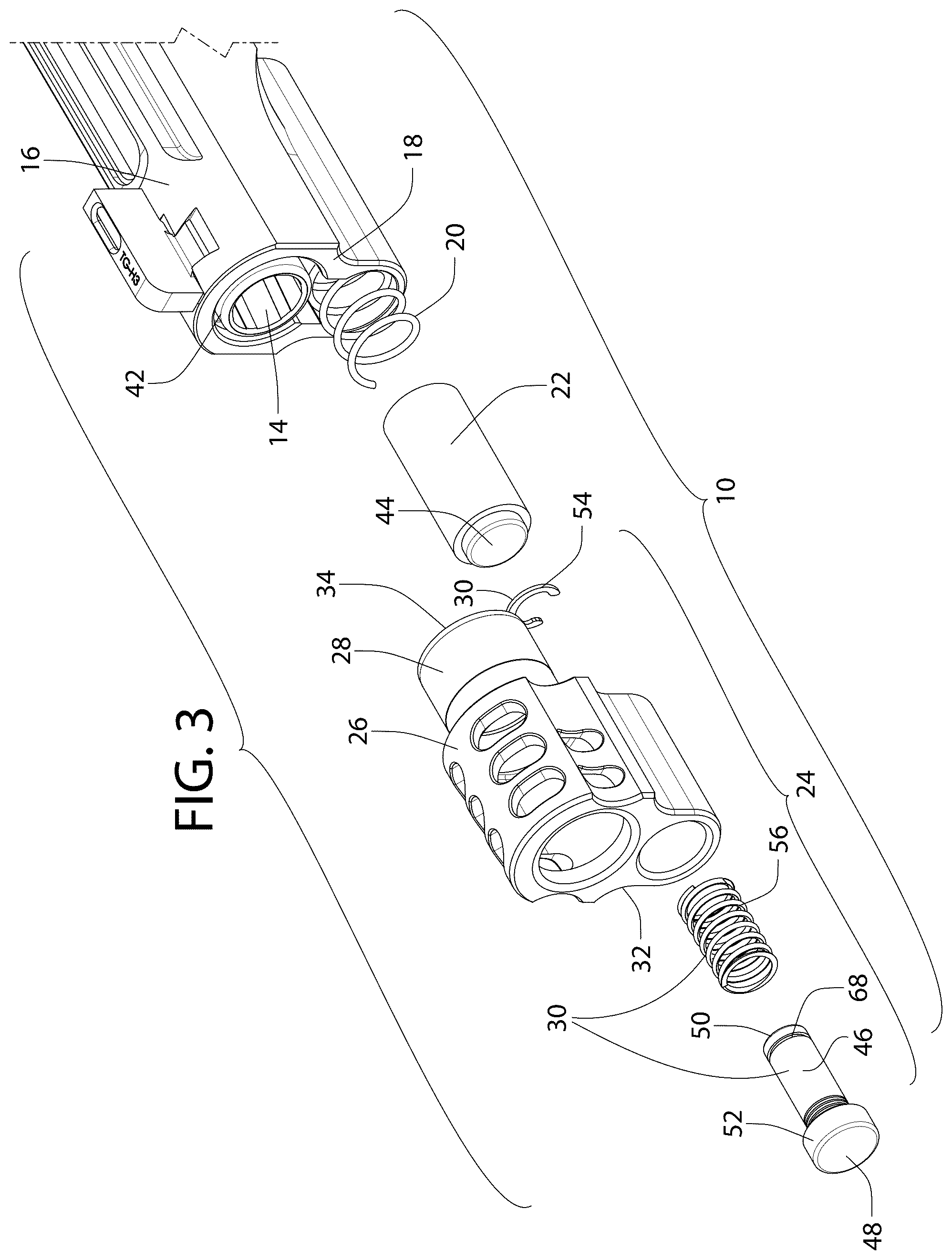 Patent US12345493 Figure 3 – Tool-less takedown bushing/compensator device for pistol