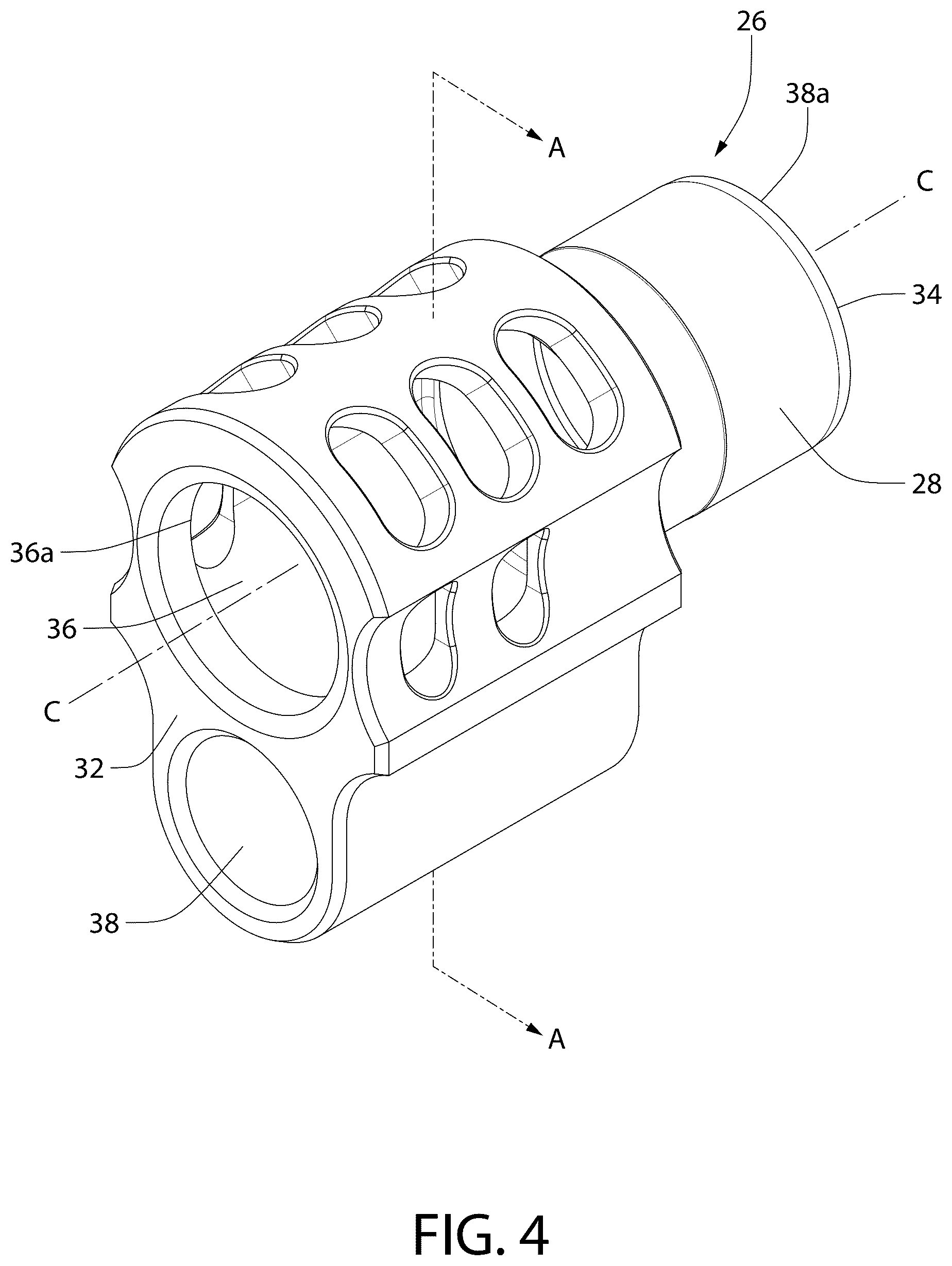 Patent US12345493 Figure 4 – Tool-less takedown bushing/compensator device for pistol