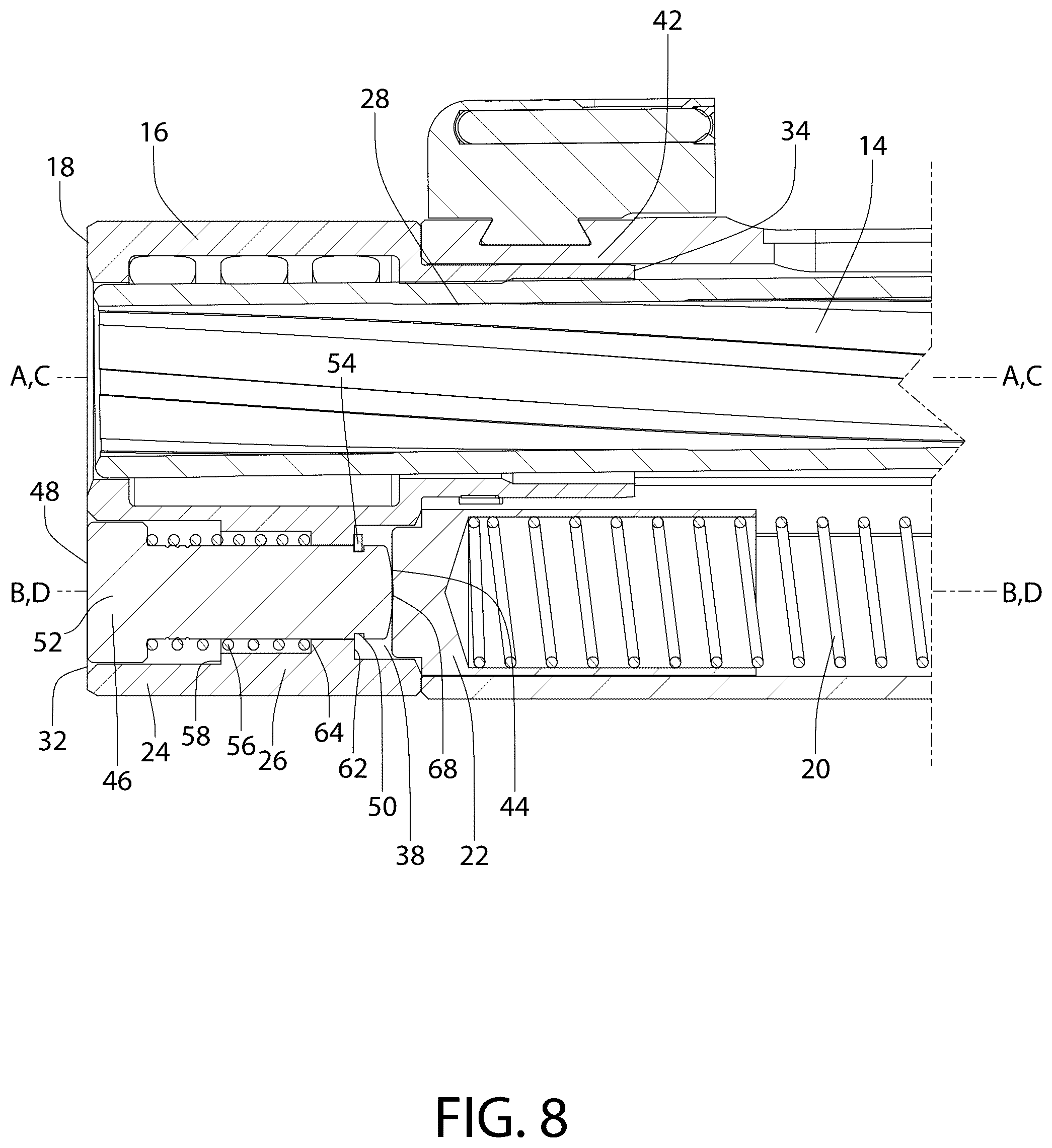 Patent US12345493 Figure 7 – Tool-less takedown bushing/compensator device for pistol