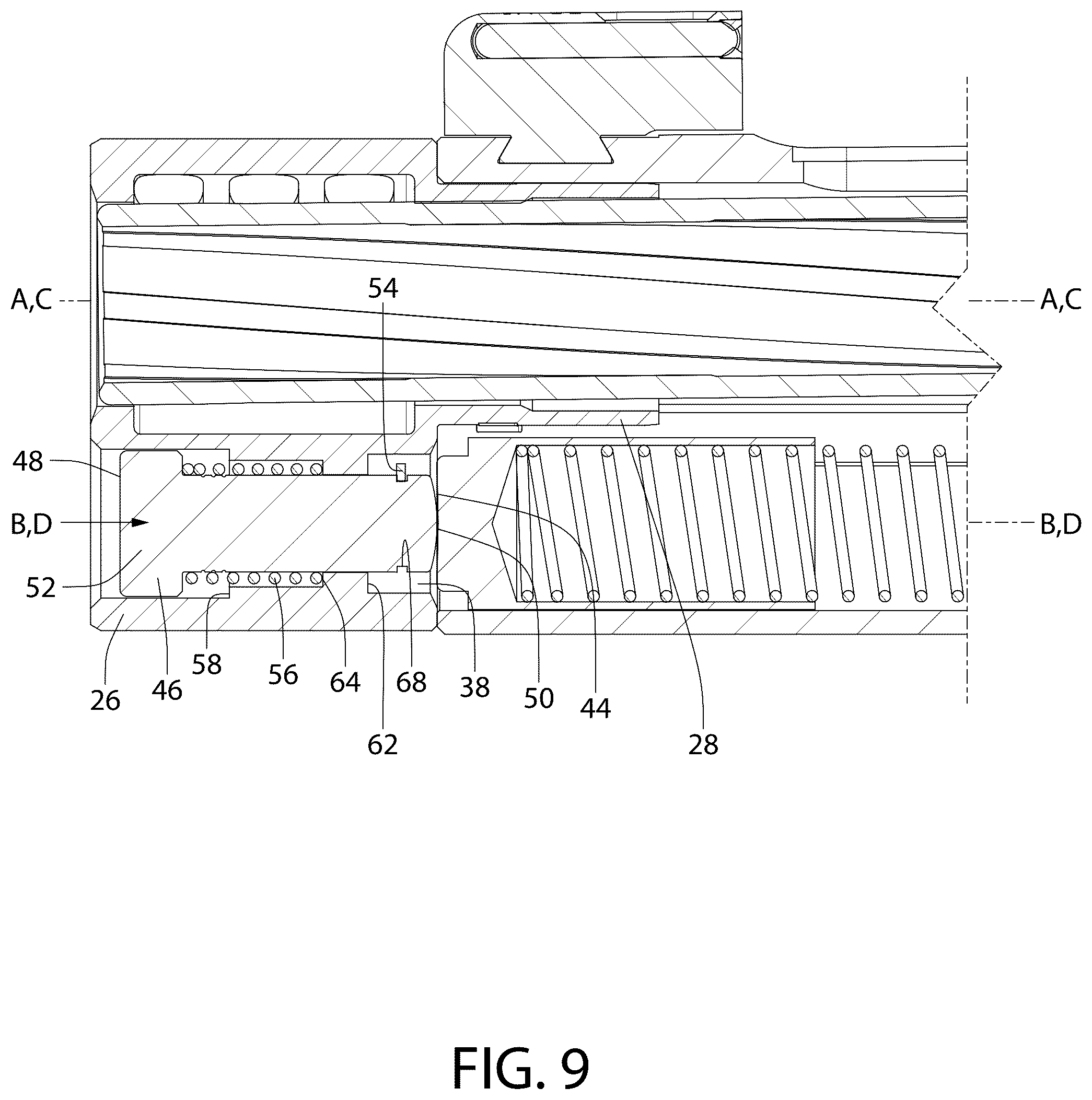 Patent US12345493 Figure 8 – Tool-less takedown bushing/compensator device for pistol