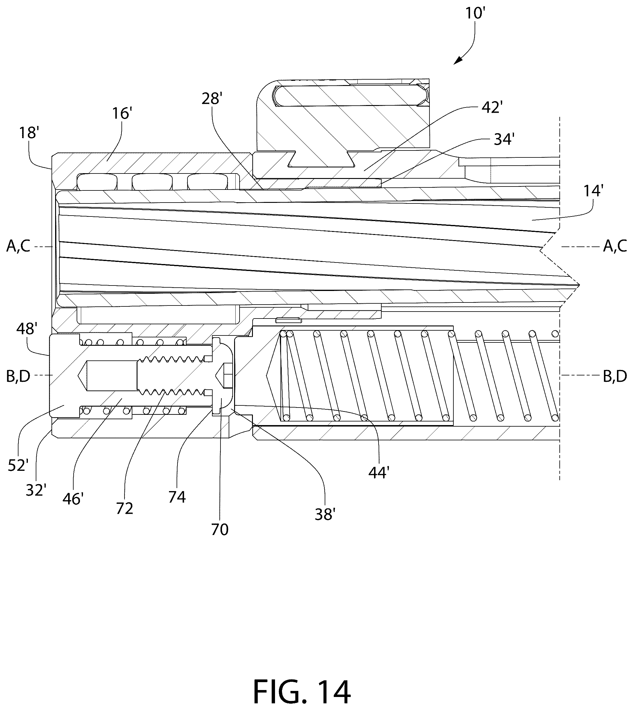 Patent US12345493 Figure 12 – Tool-less takedown bushing/compensator device for pistol