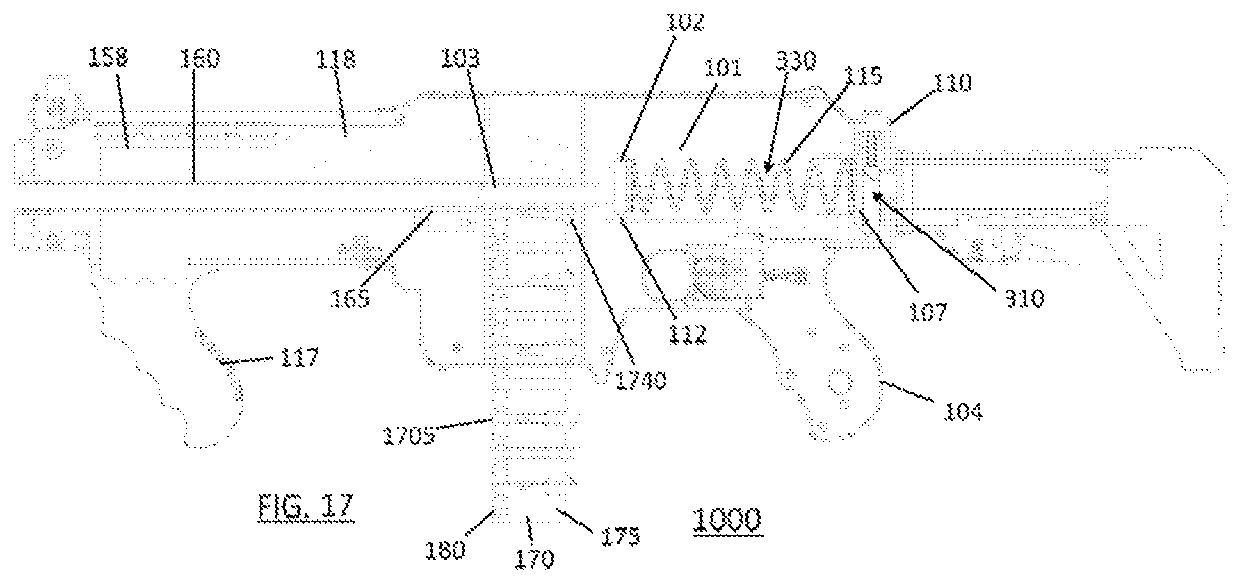 Patent US12345500 Figure 17 – High performance launcher of short projectiles with piston nozzle spring