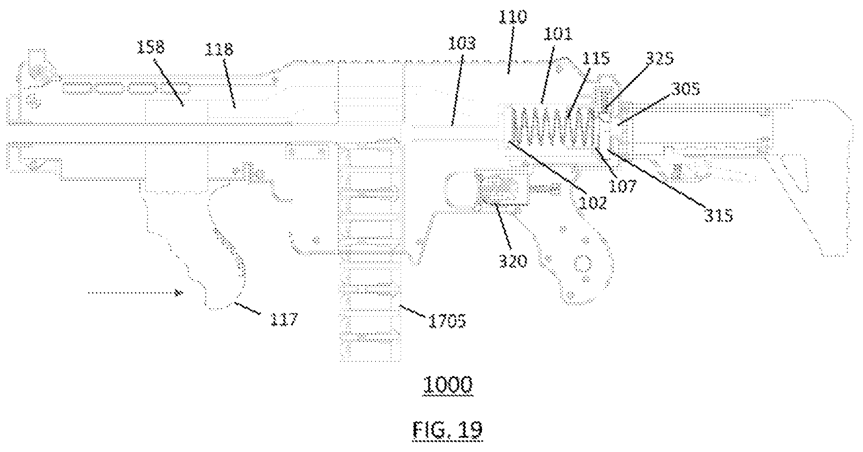 Patent US12345500 Figure 19 – High performance launcher of short projectiles with piston nozzle spring
