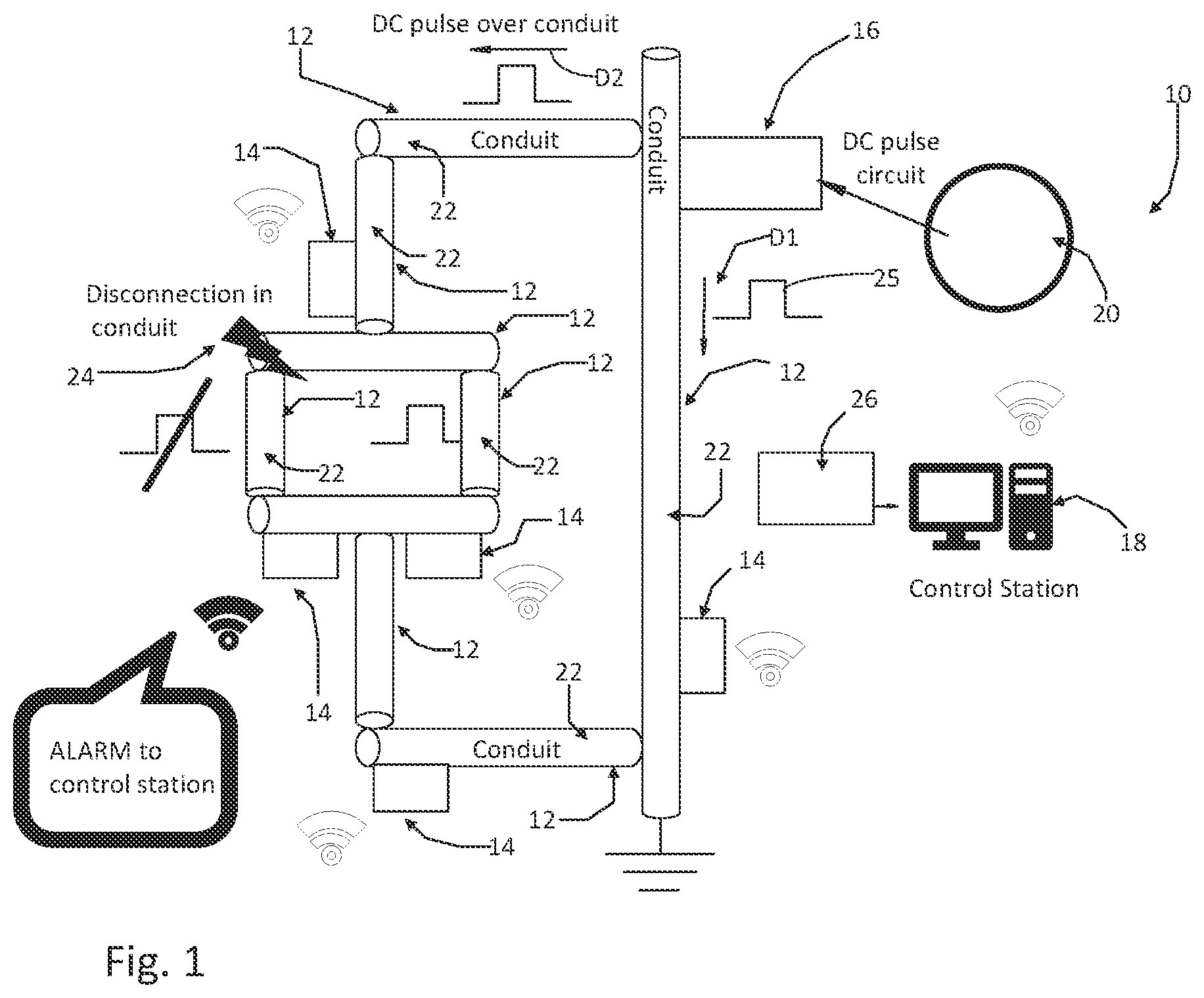 Patent US12345777 — Metallic conduit electrical discontinuity wireless detection system and method — Figure 1
