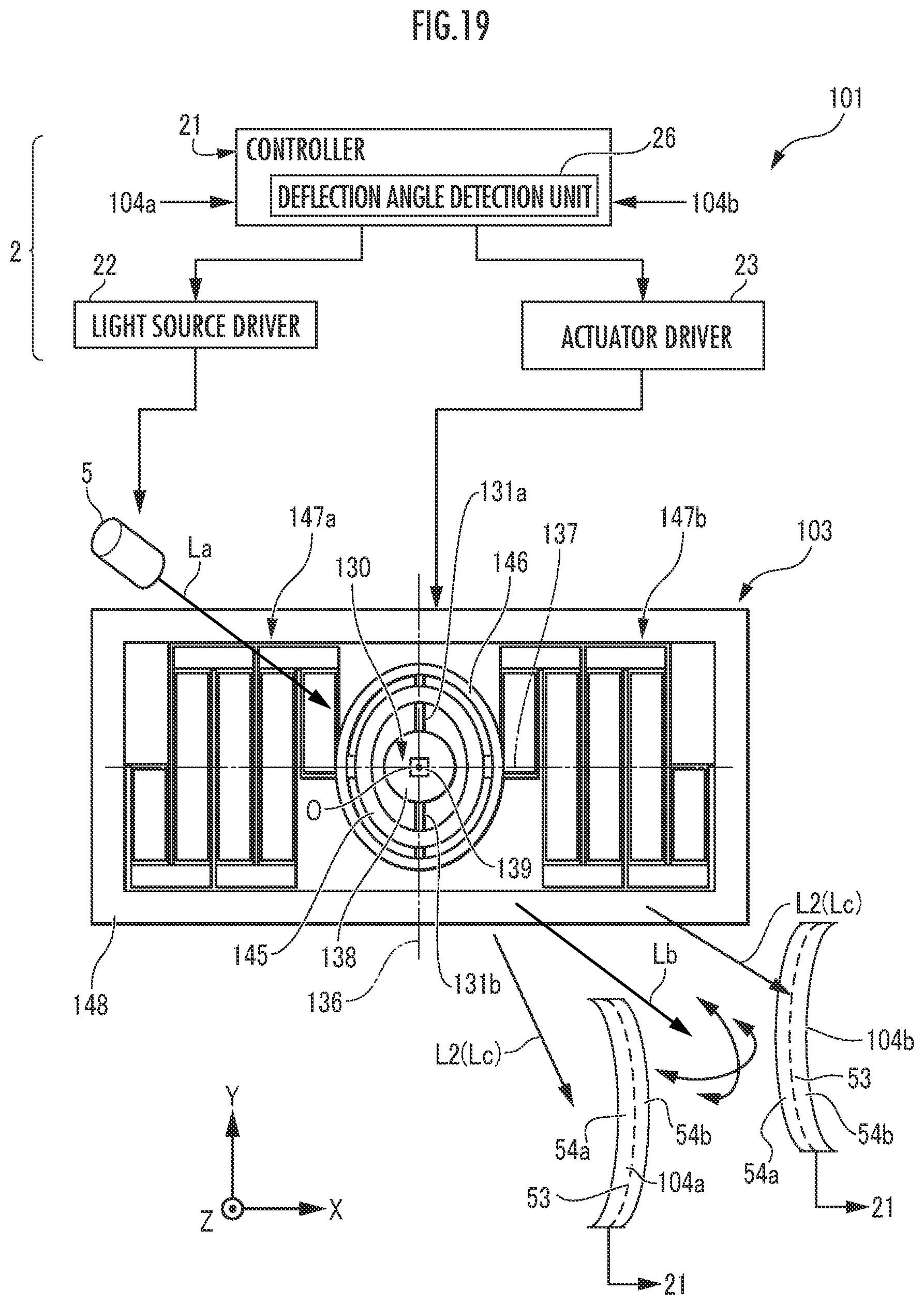 Patent US12345875 Figure 16 – Optical scanning device which detects a deflection angle of a mirror unit based on outputs from light detectors