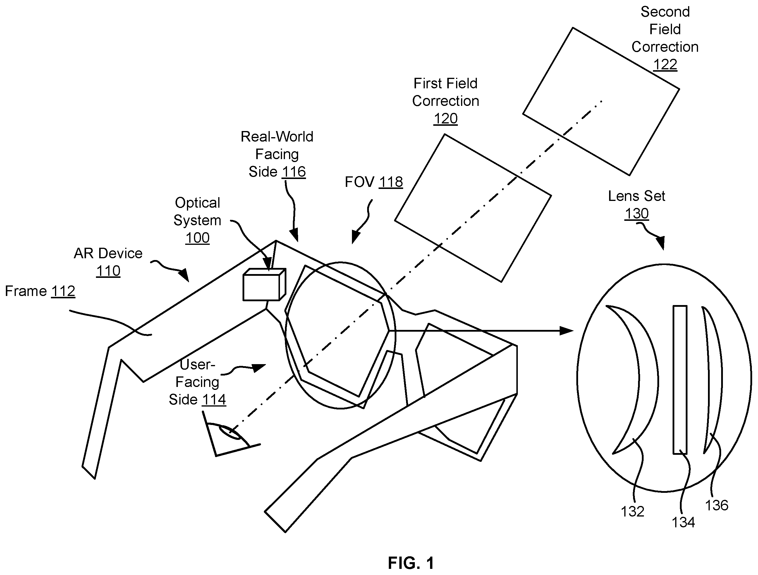 Patent US12345885 Figure 1 – Optical lens set and image combiner