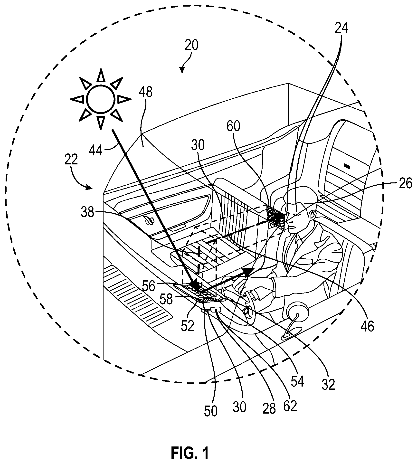 Patent US12345897 Figure 1 – Glare mitigation module for a head-up display system